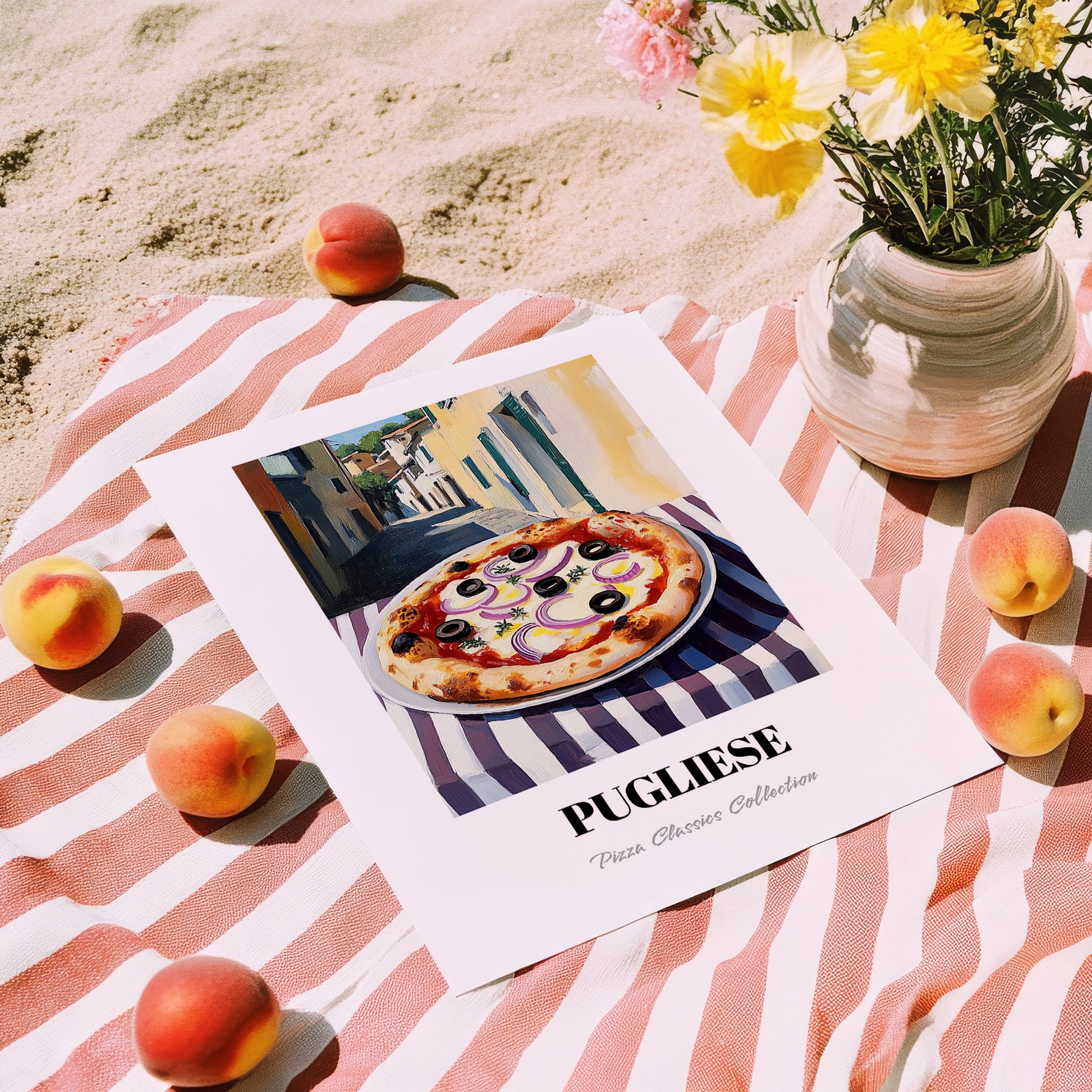 Pizza Pugliese – Italian Outdoor Café Scene, Pizza Print, unframed on coastal sand