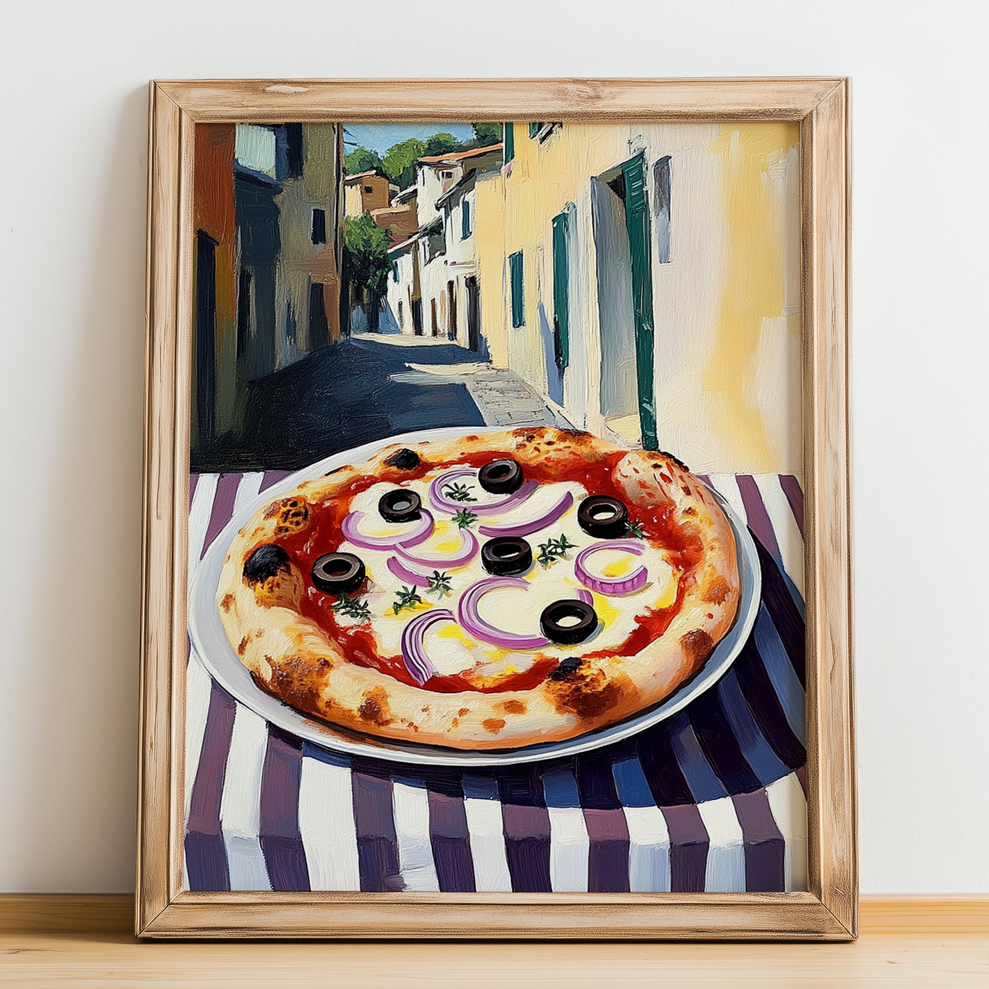 Pizza Pugliese – Italian Outdoor Café Scene, Pizza Print, no-text version framed in wood