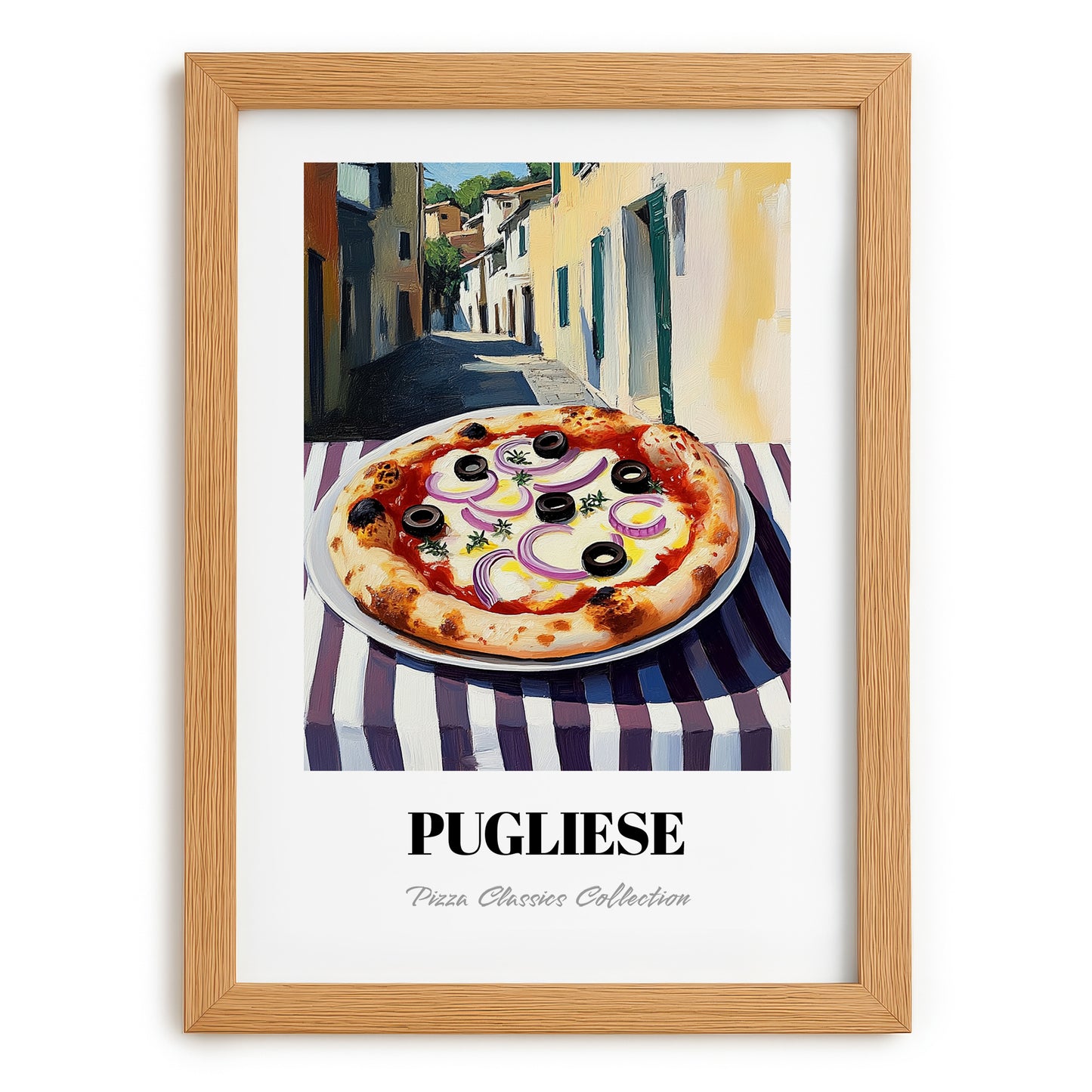Pizza Pugliese – Italian Outdoor Café Scene, Pizza Print, set in oak frame