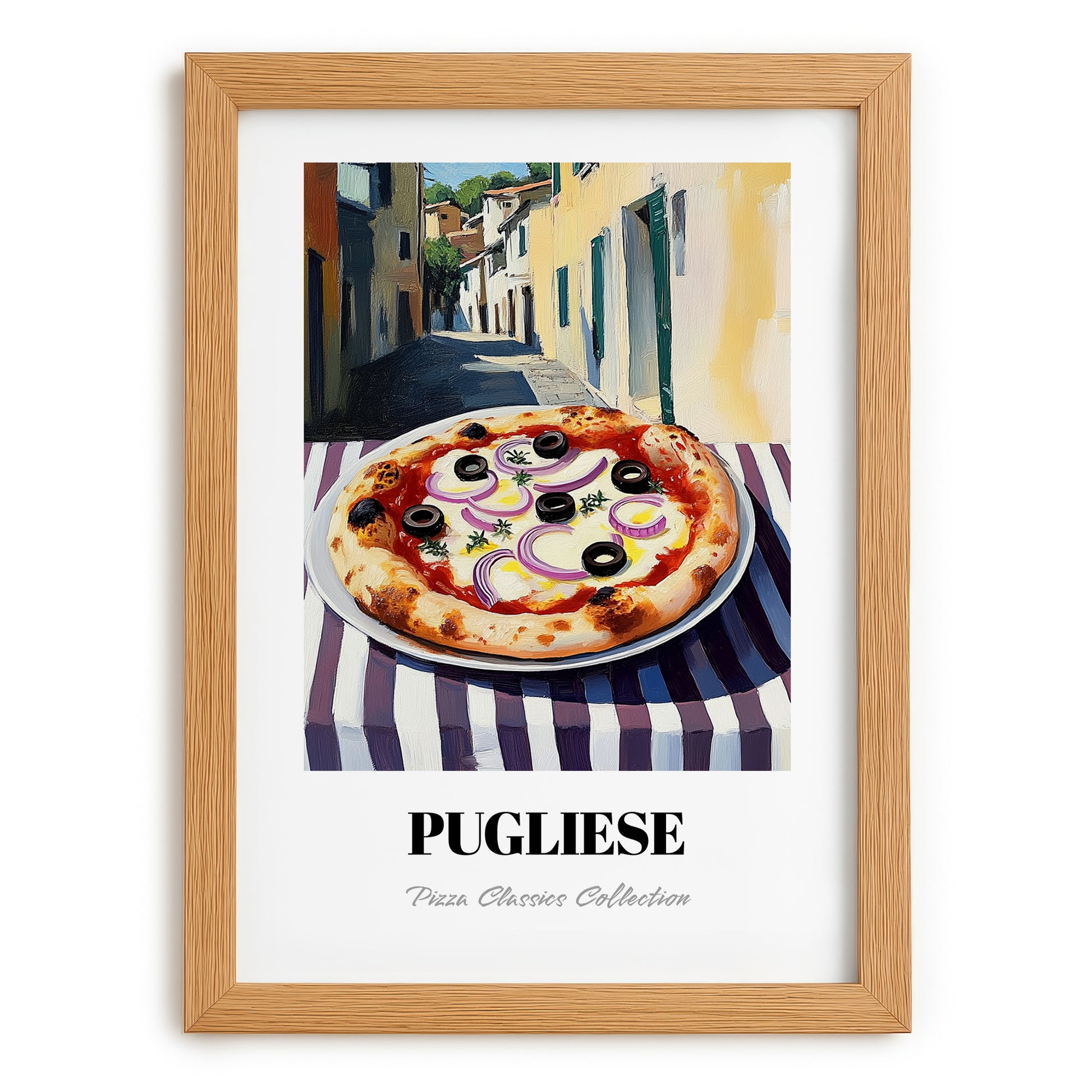 Pizza Pugliese – Italian Outdoor Café Scene, Pizza Print, set in oak frame