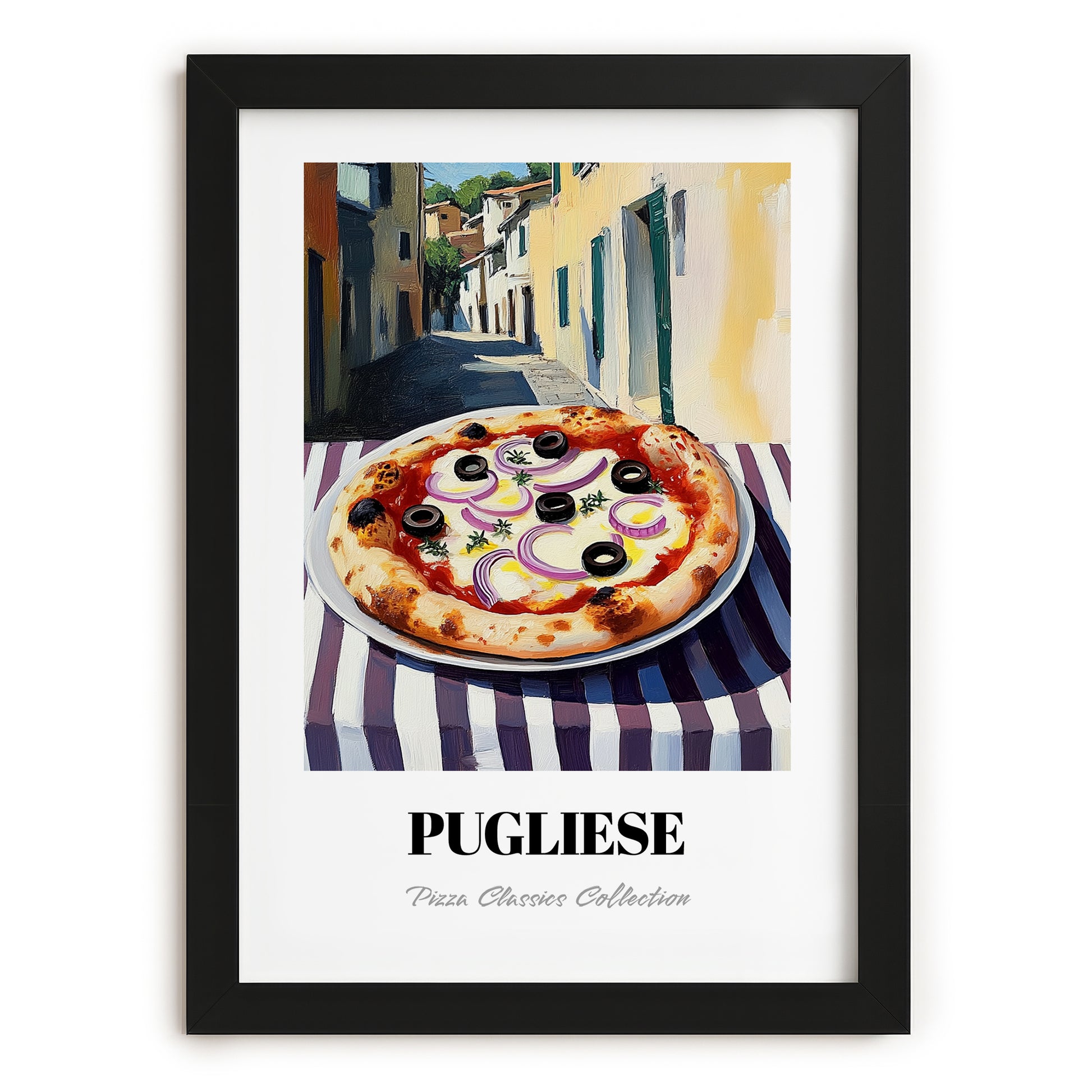 Pizza Pugliese – Italian Outdoor Café Scene, Pizza Print, in sleek black frame