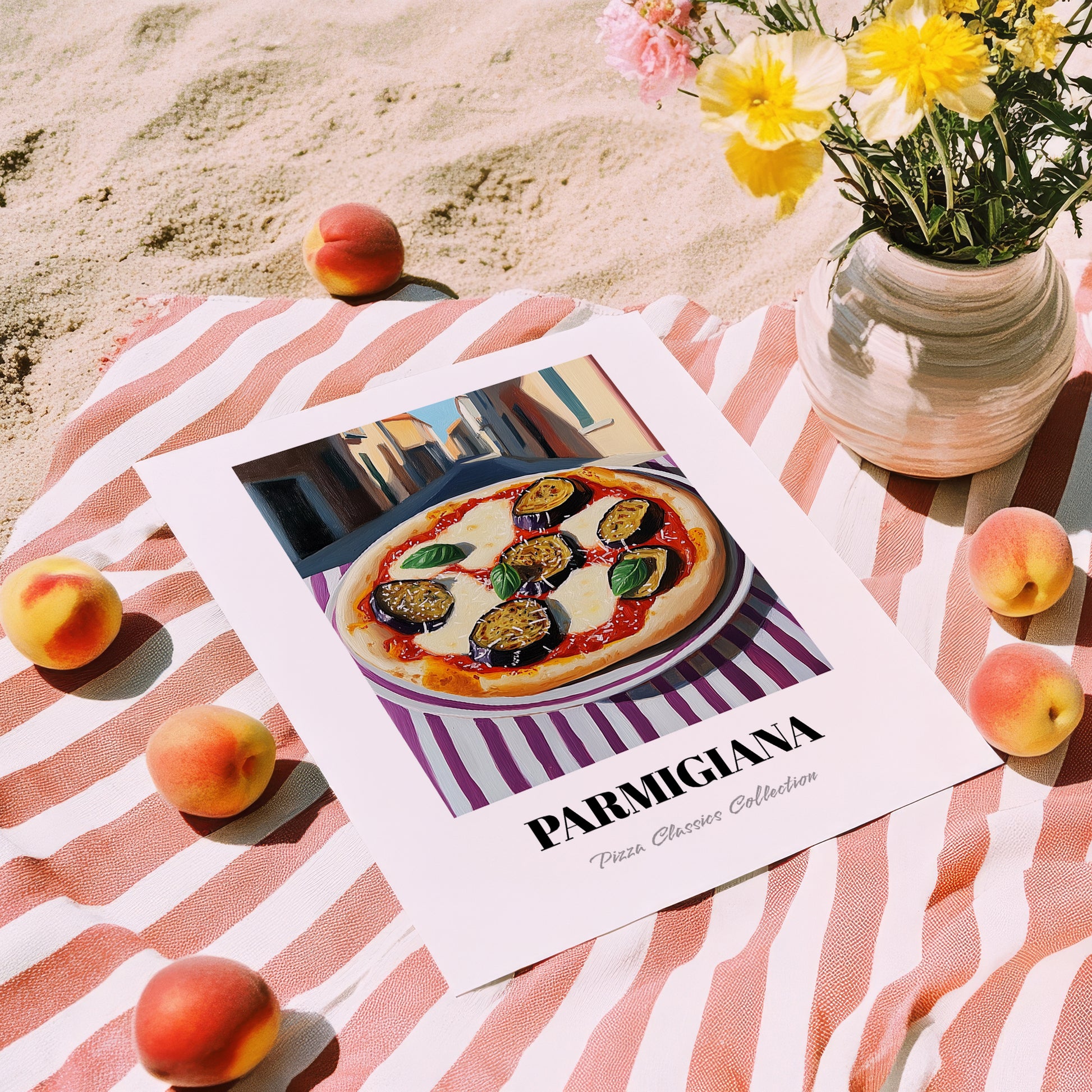 Pizza Parmigiana – Italian Café on the Corner, Pizza Painting, unframed on coastal sand