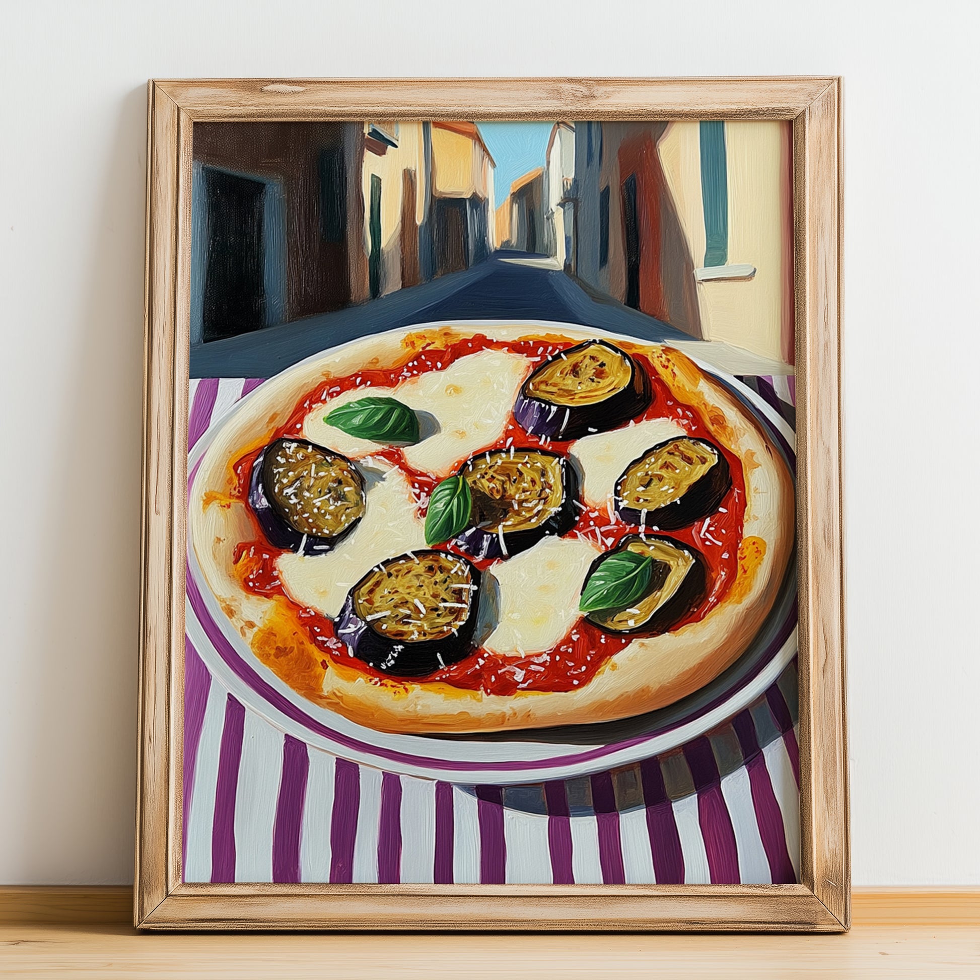 Pizza Parmigiana – Italian Café on the Corner, Pizza Painting, no-text version framed in wood