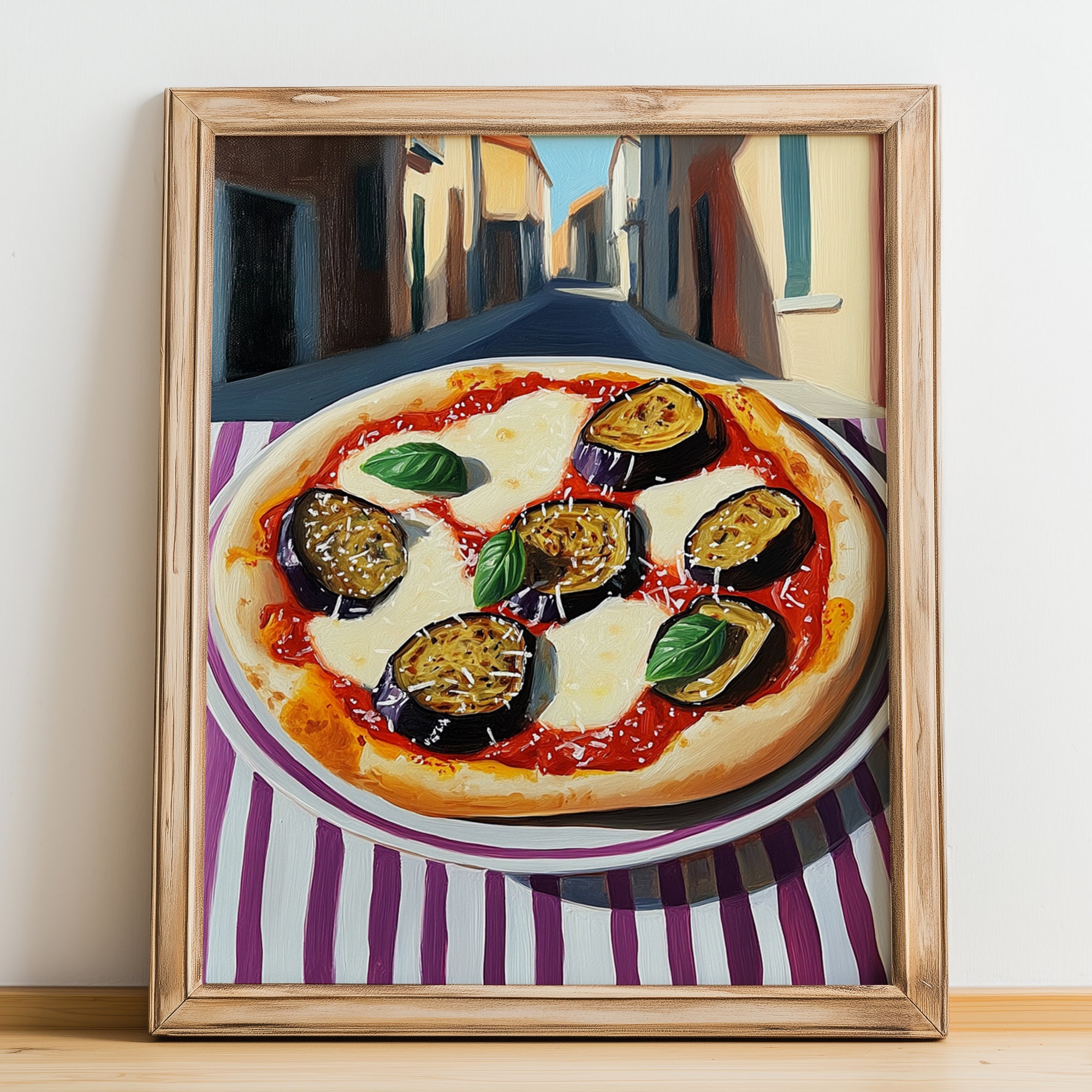 Pizza Parmigiana – Italian Café on the Corner, Pizza Painting, no-text version framed in wood