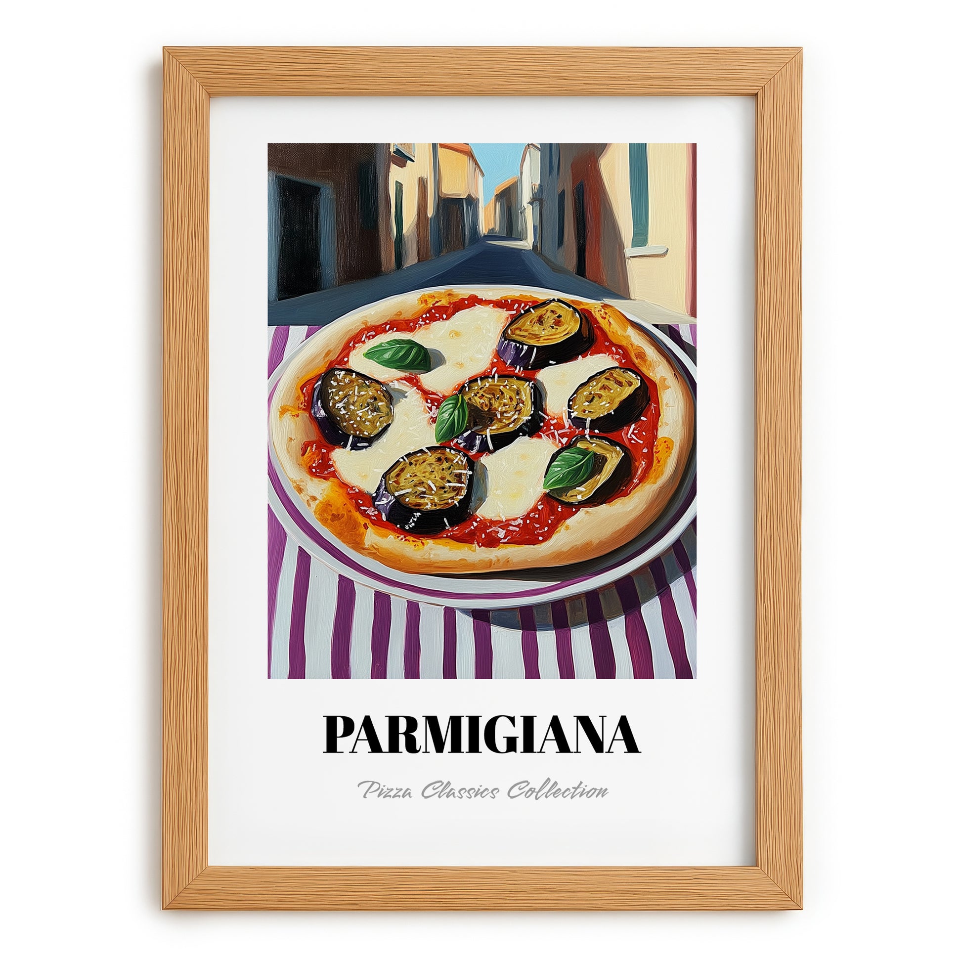 Pizza Parmigiana – Italian Café on the Corner, Pizza Painting, set in oak frame