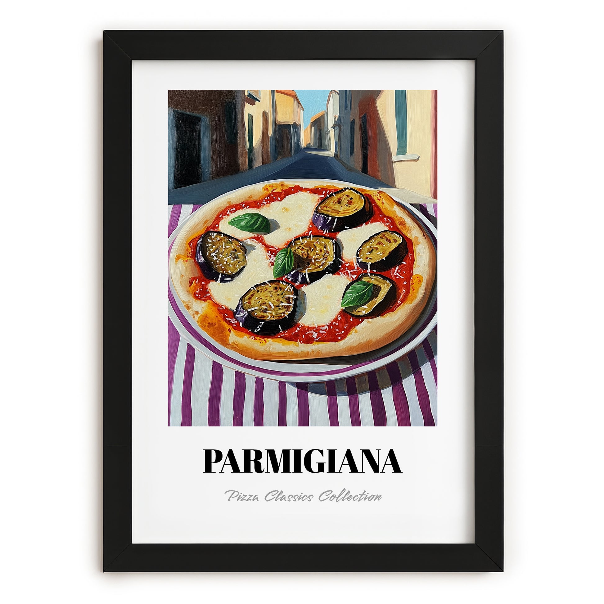 Pizza Parmigiana – Italian Café on the Corner, Pizza Painting, in sleek black frame