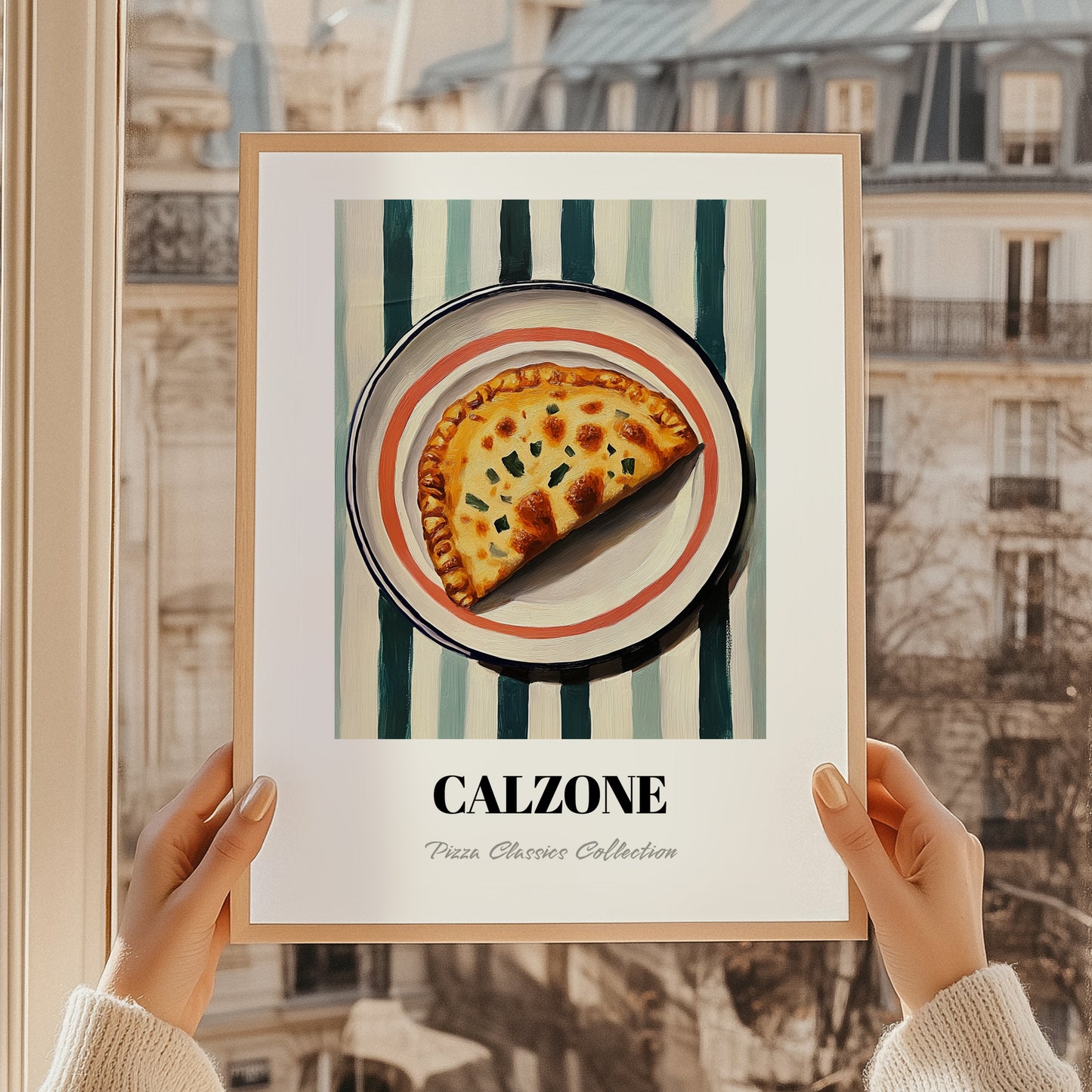 Calzone – on Striped Tablecloth, Pizza Wall Art, styled in a charming Paris street view