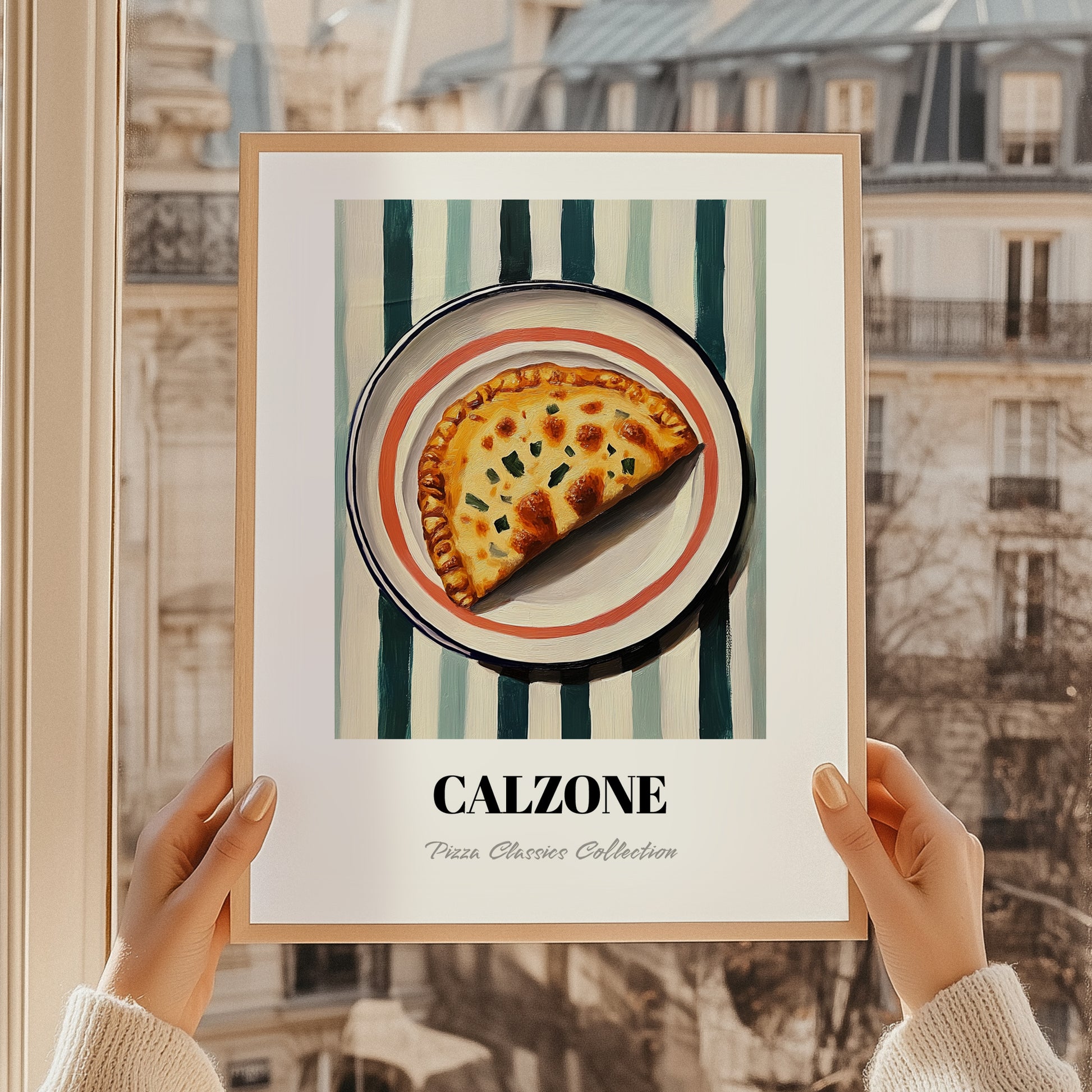 Calzone – on Striped Tablecloth, Pizza Wall Art, styled in a charming Paris street view