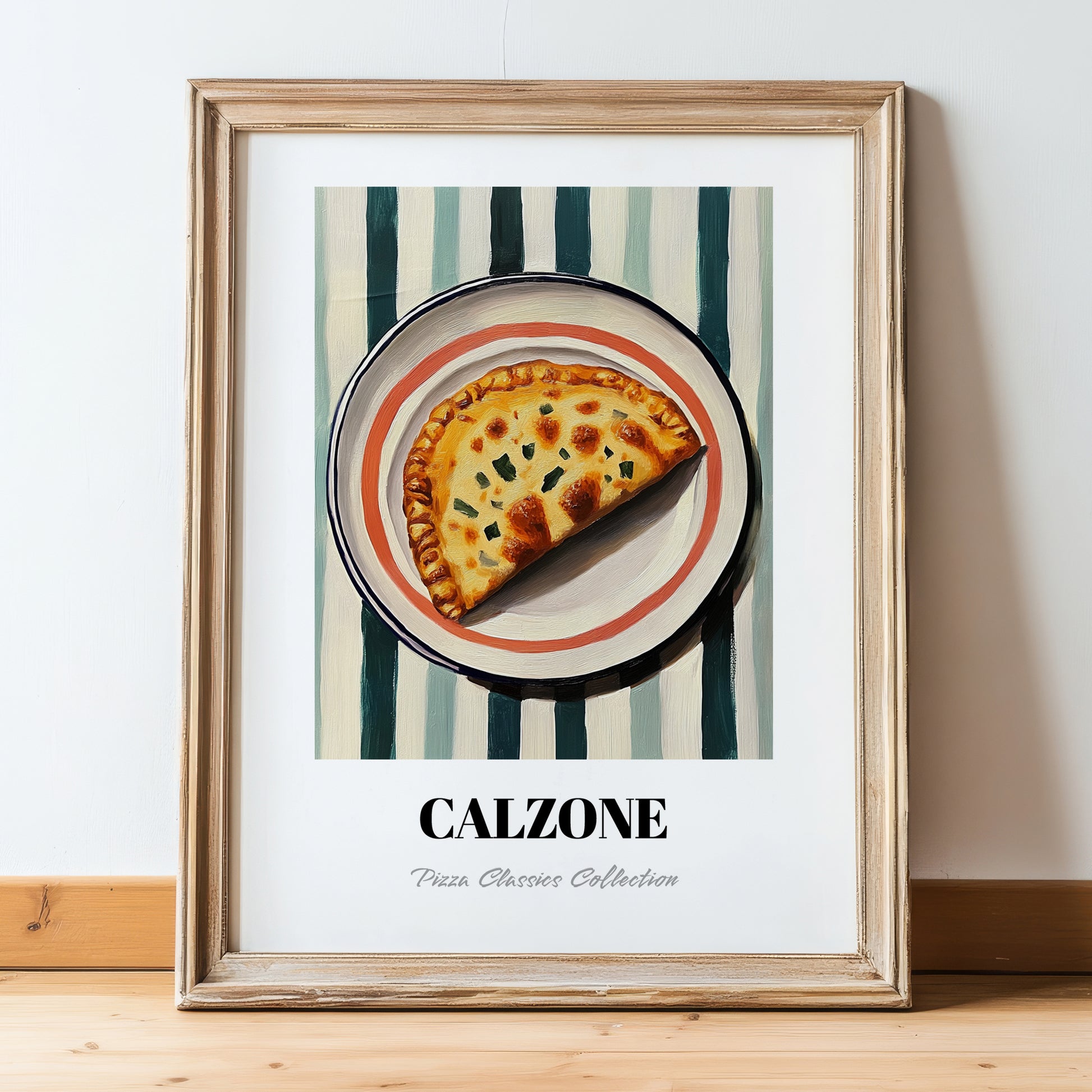Calzone – on Striped Tablecloth, Pizza Wall Art, in wooden frame leaning on the floor