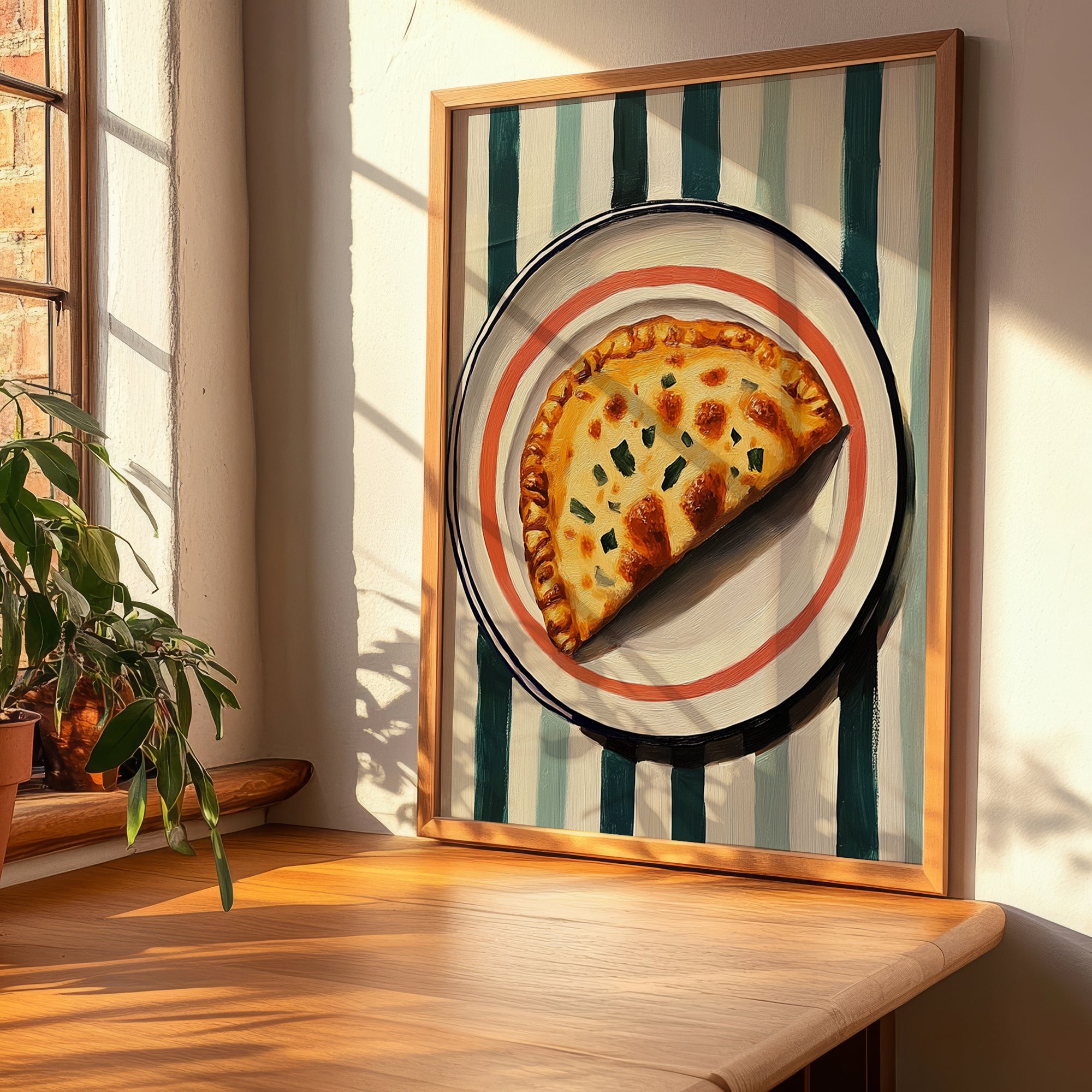 Calzone – on Striped Tablecloth, Pizza Wall Art, clean layout with no caption