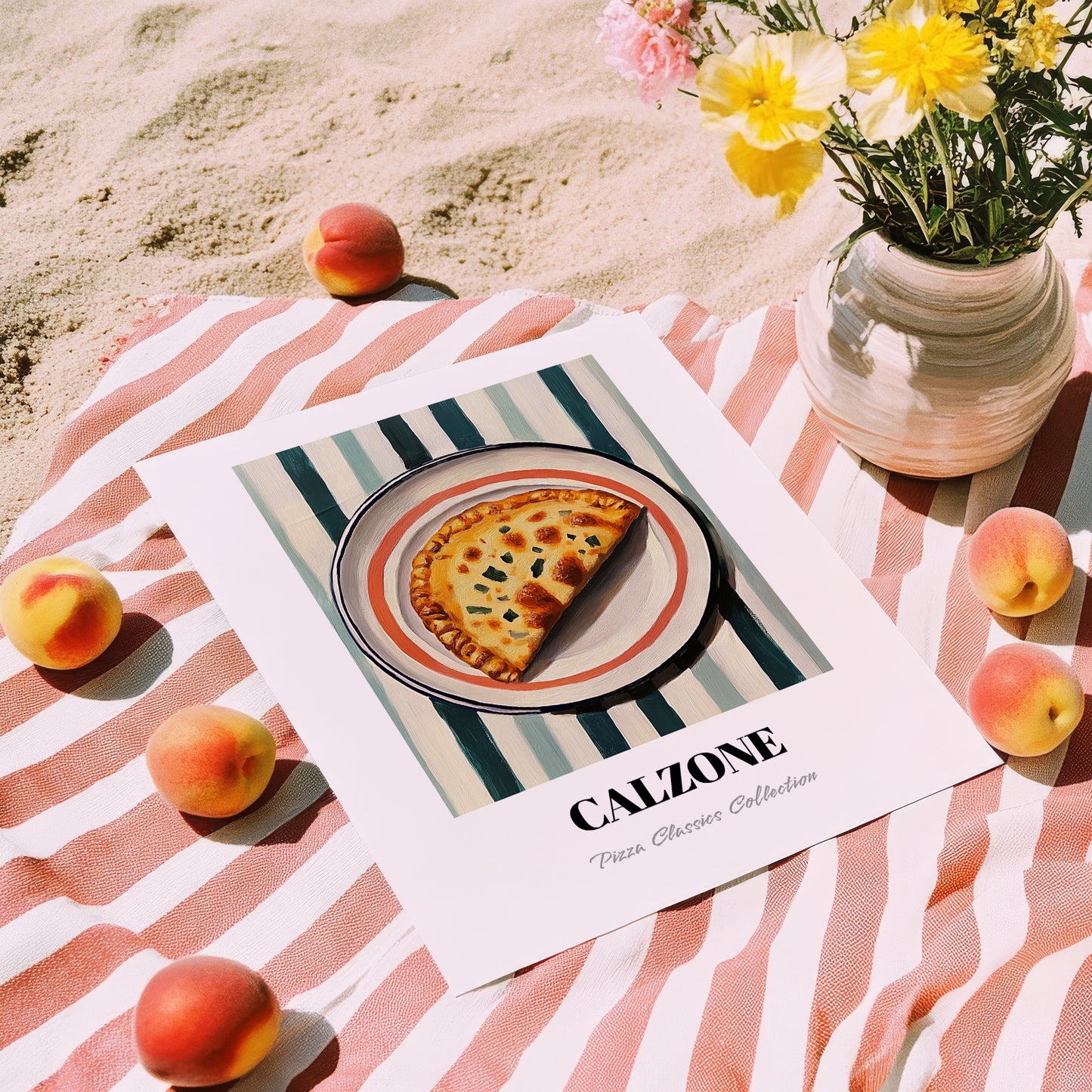 Calzone – on Striped Tablecloth, Pizza Wall Art, unframed on coastal sand