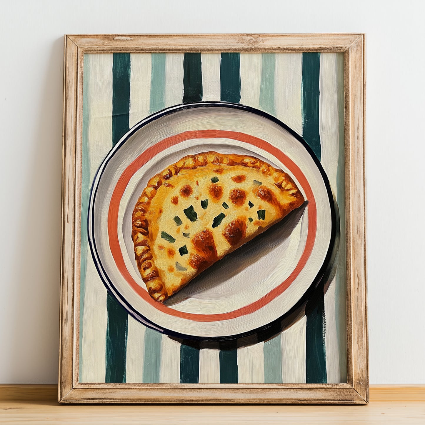 Calzone – on Striped Tablecloth, Pizza Wall Art, no-text version framed in wood