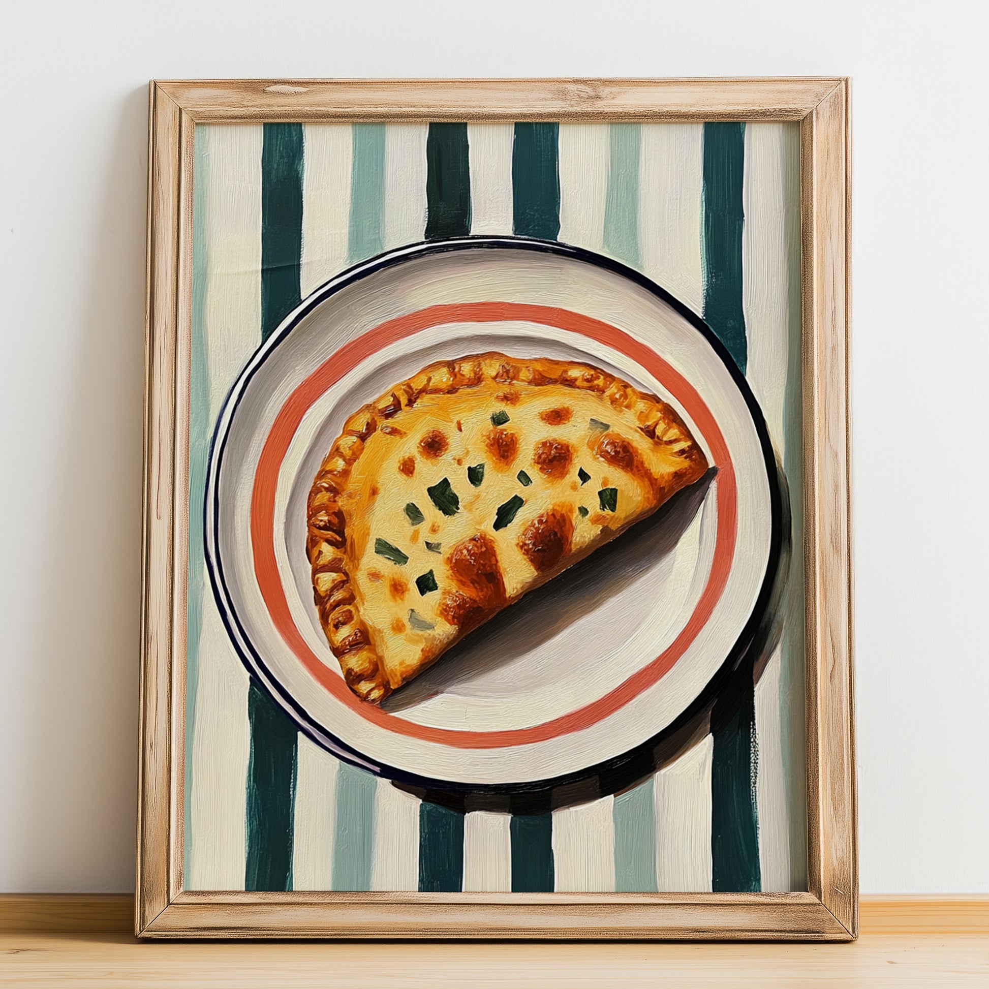 Calzone – on Striped Tablecloth, Pizza Wall Art, no-text version framed in wood