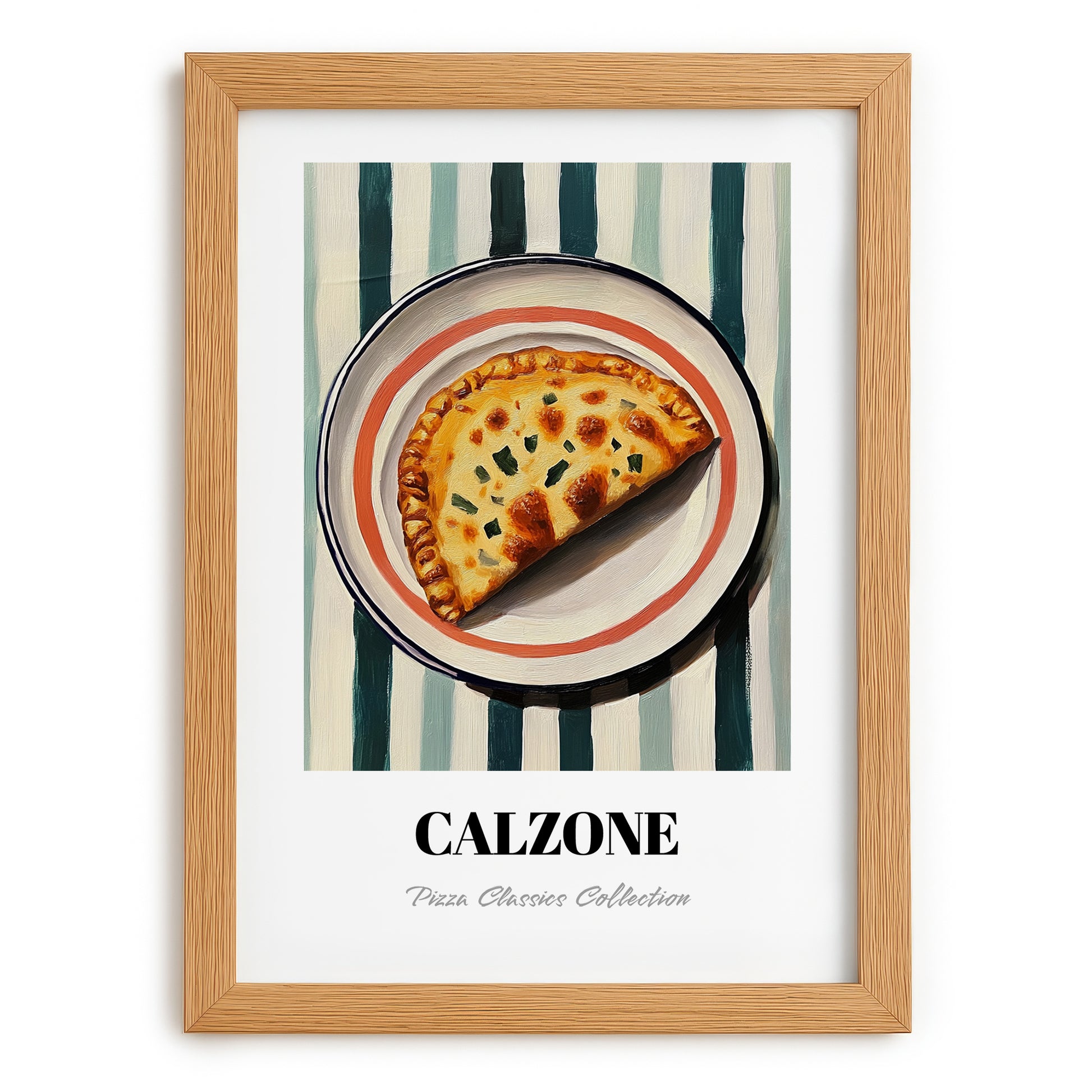 Calzone – on Striped Tablecloth, Pizza Wall Art, set in oak frame