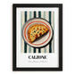 Calzone – on Striped Tablecloth, Pizza Wall Art, in sleek black frame