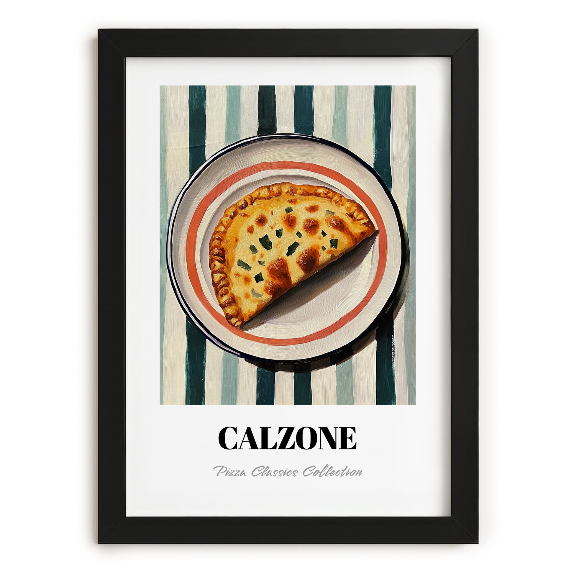 Calzone – on Striped Tablecloth, Pizza Wall Art, in sleek black frame