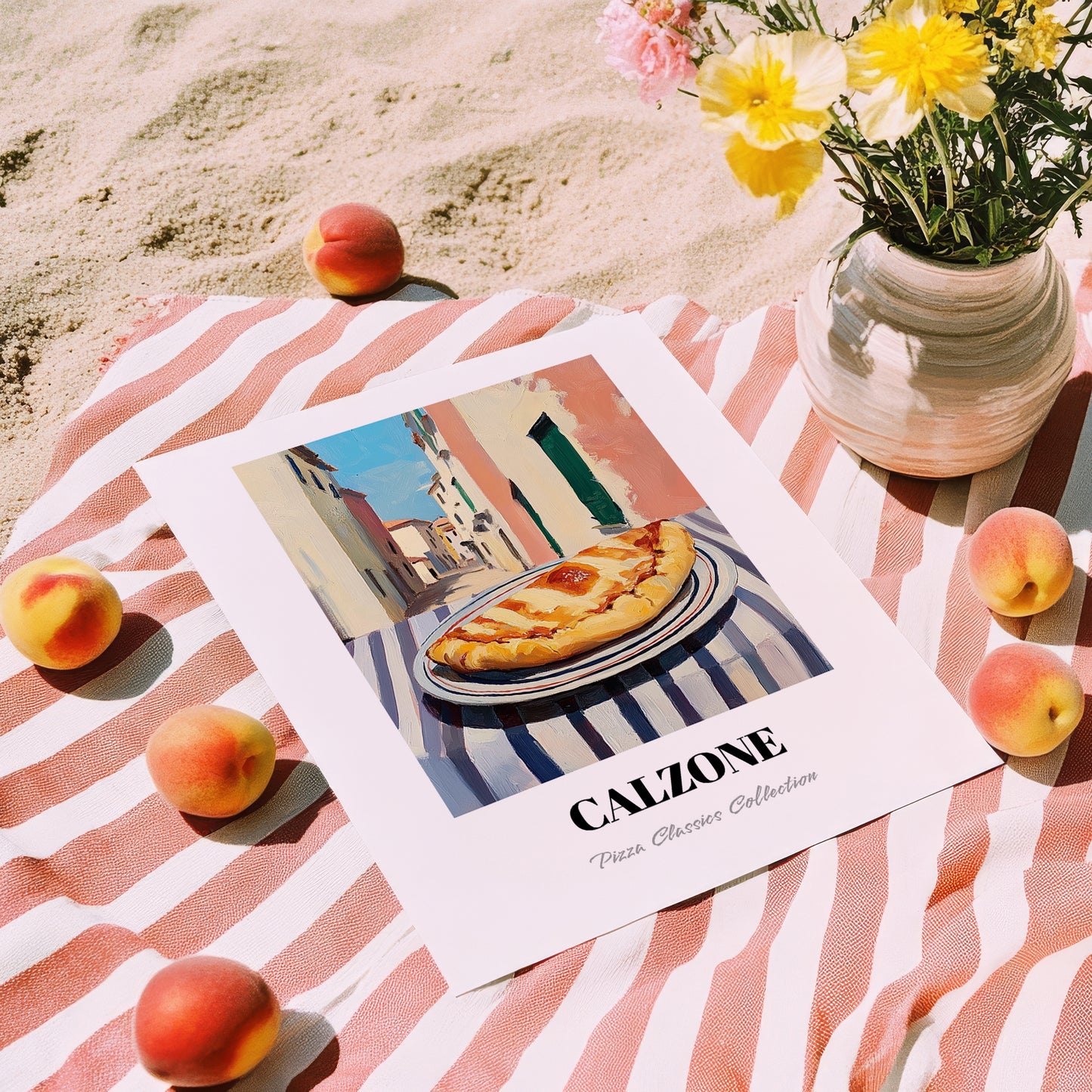Pizza Calzone – Italian Outdoor Café Scene, Pizza Wall Art, unframed on coastal sand