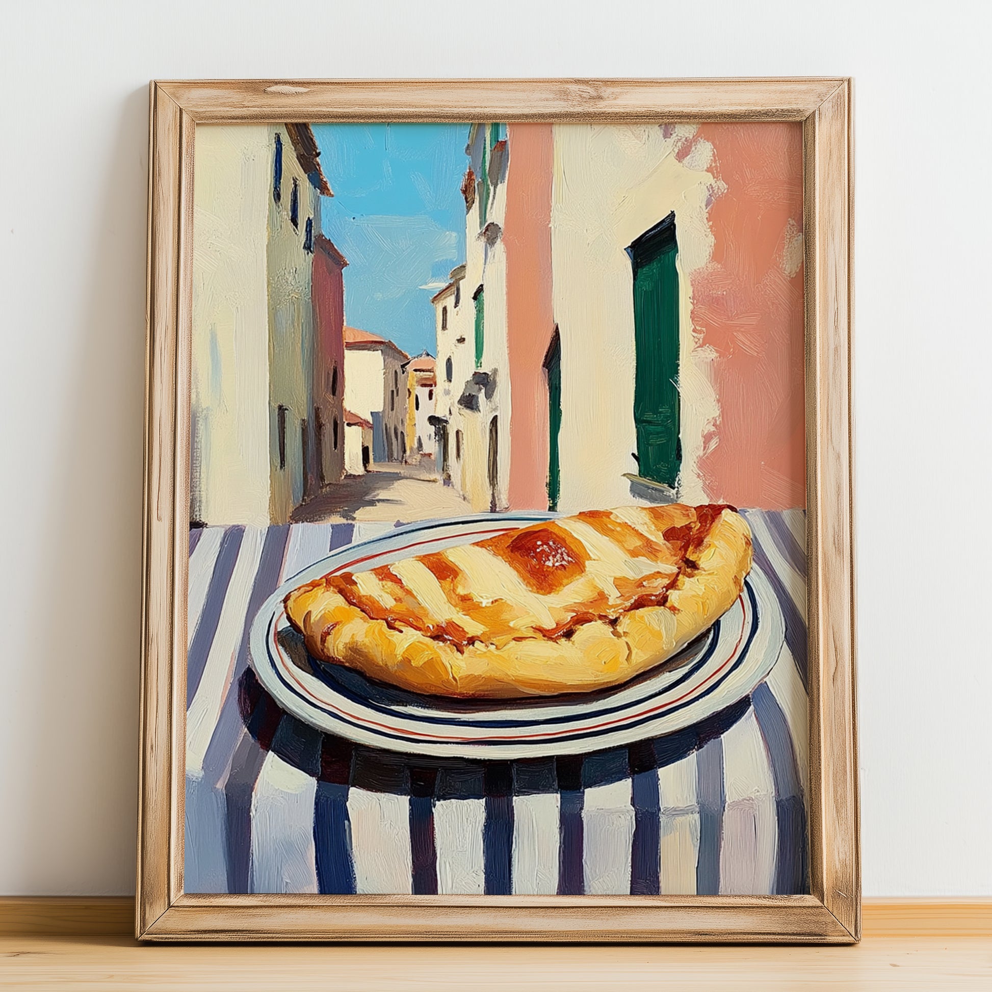 Pizza Calzone – Italian Outdoor Café Scene, Pizza Wall Art, no-text version framed in wood