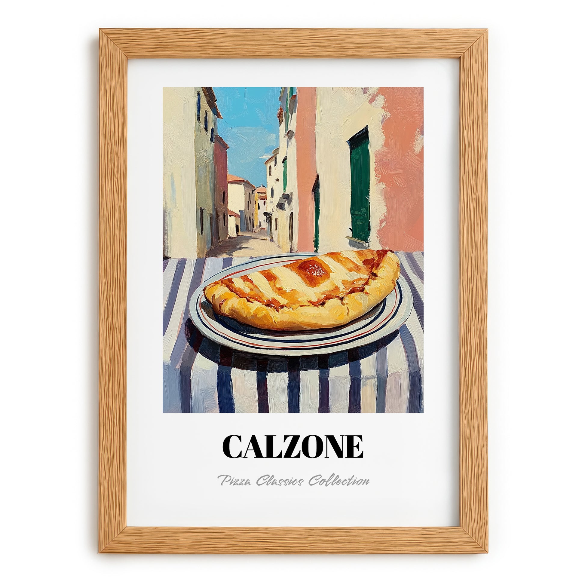 Pizza Calzone – Italian Outdoor Café Scene, Pizza Wall Art, set in oak frame