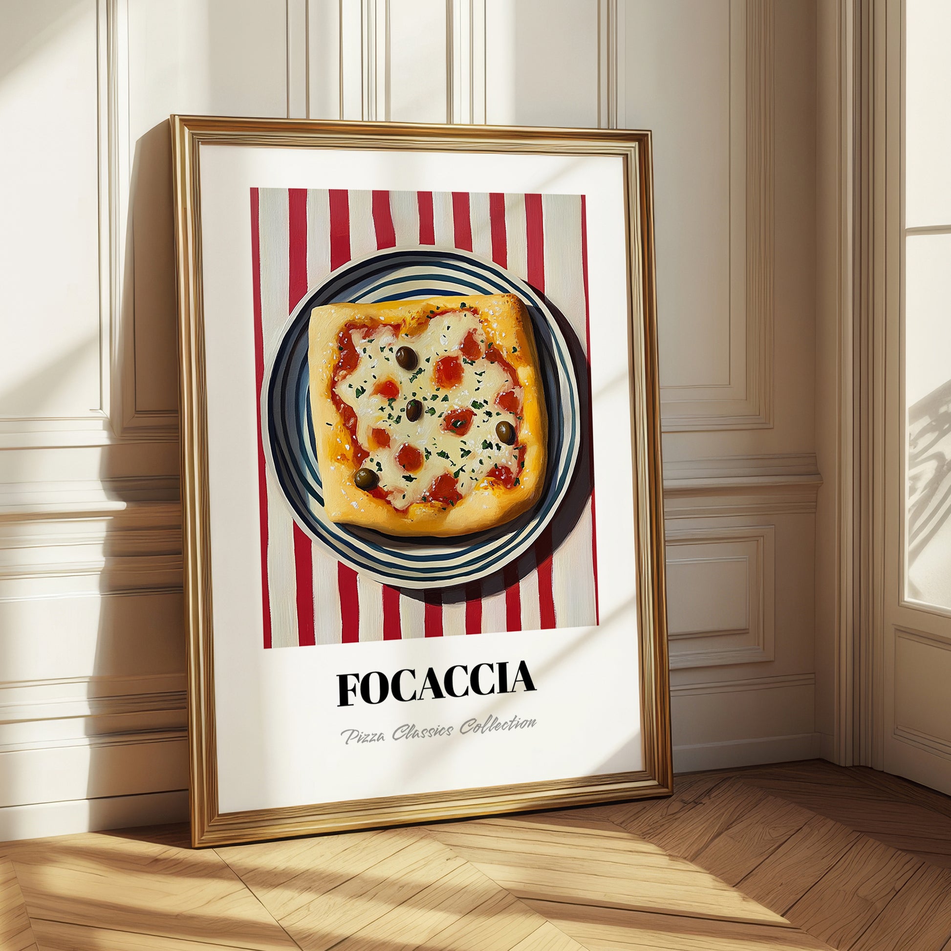 Focaccia – on Striped Tablecloth, Pizza Painting