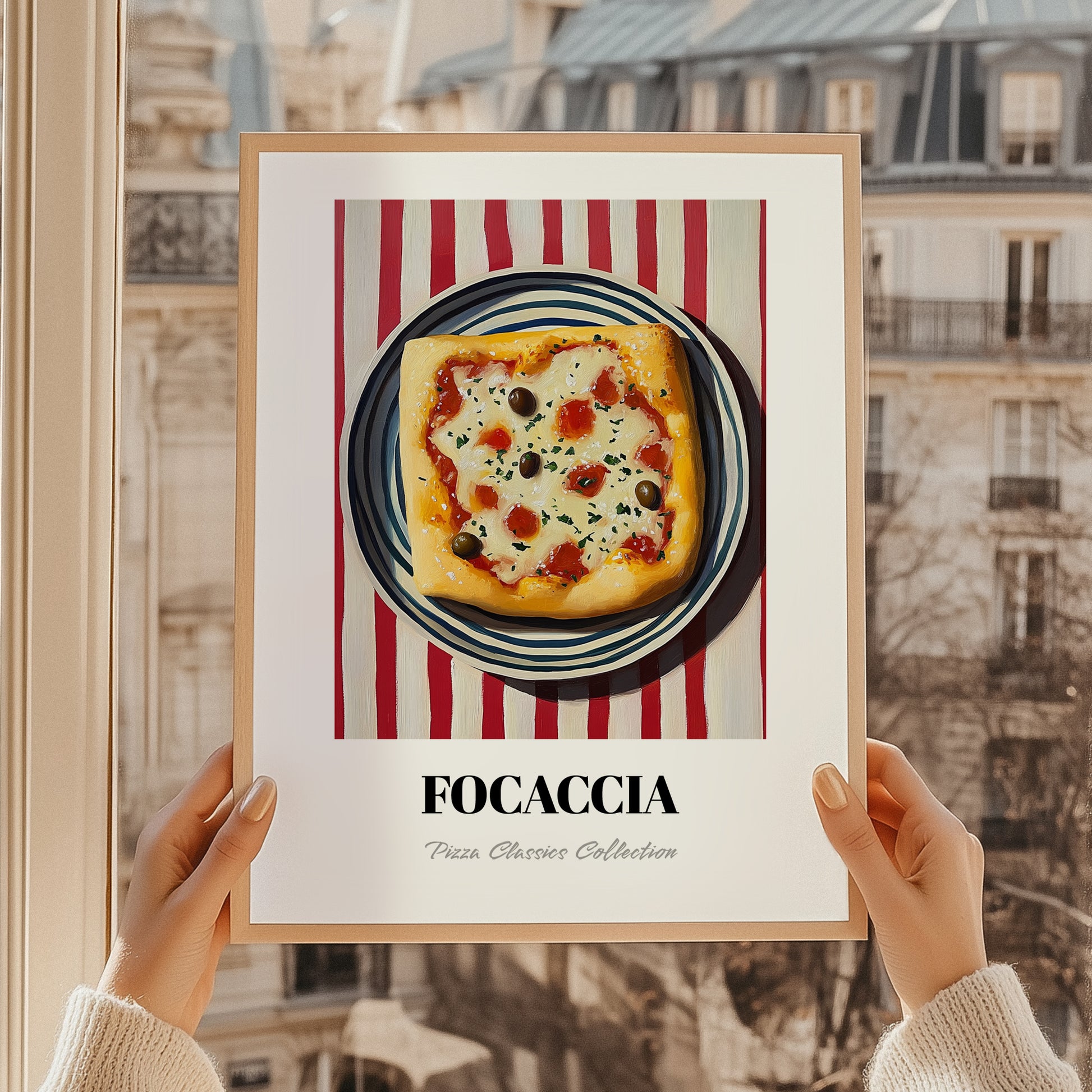 Focaccia – on Striped Tablecloth, Pizza Painting, styled in a charming Paris street view