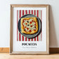 Focaccia – on Striped Tablecloth, Pizza Painting, in wooden frame leaning on the floor