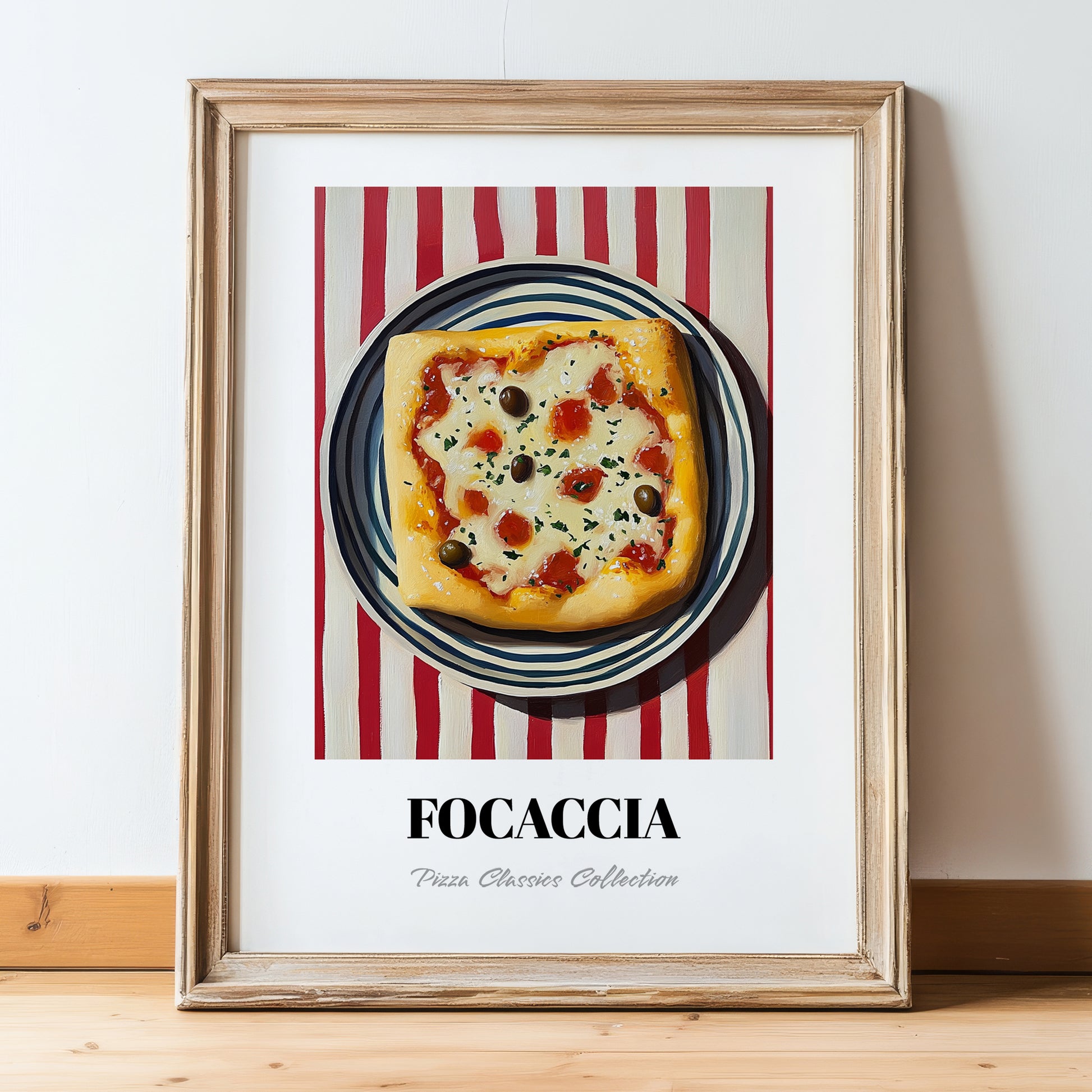 Focaccia – on Striped Tablecloth, Pizza Painting, in wooden frame leaning on the floor