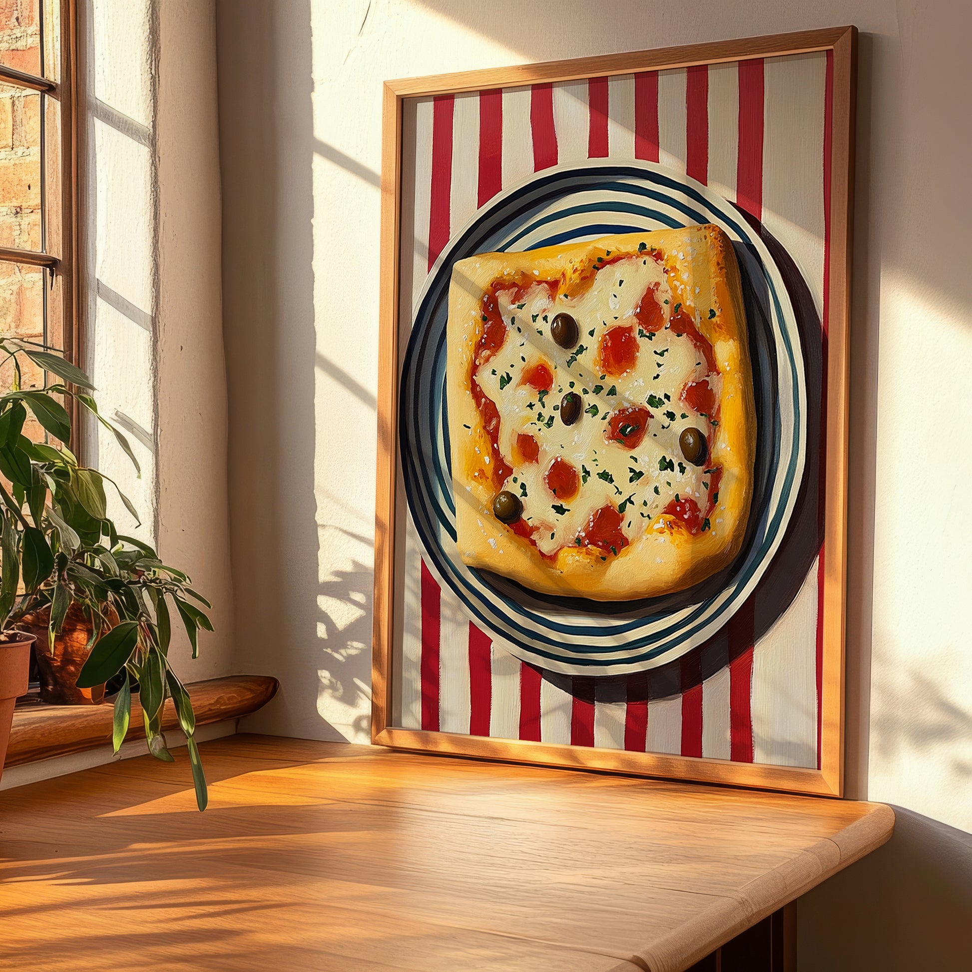 Focaccia – on Striped Tablecloth, Pizza Painting, clean layout with no caption