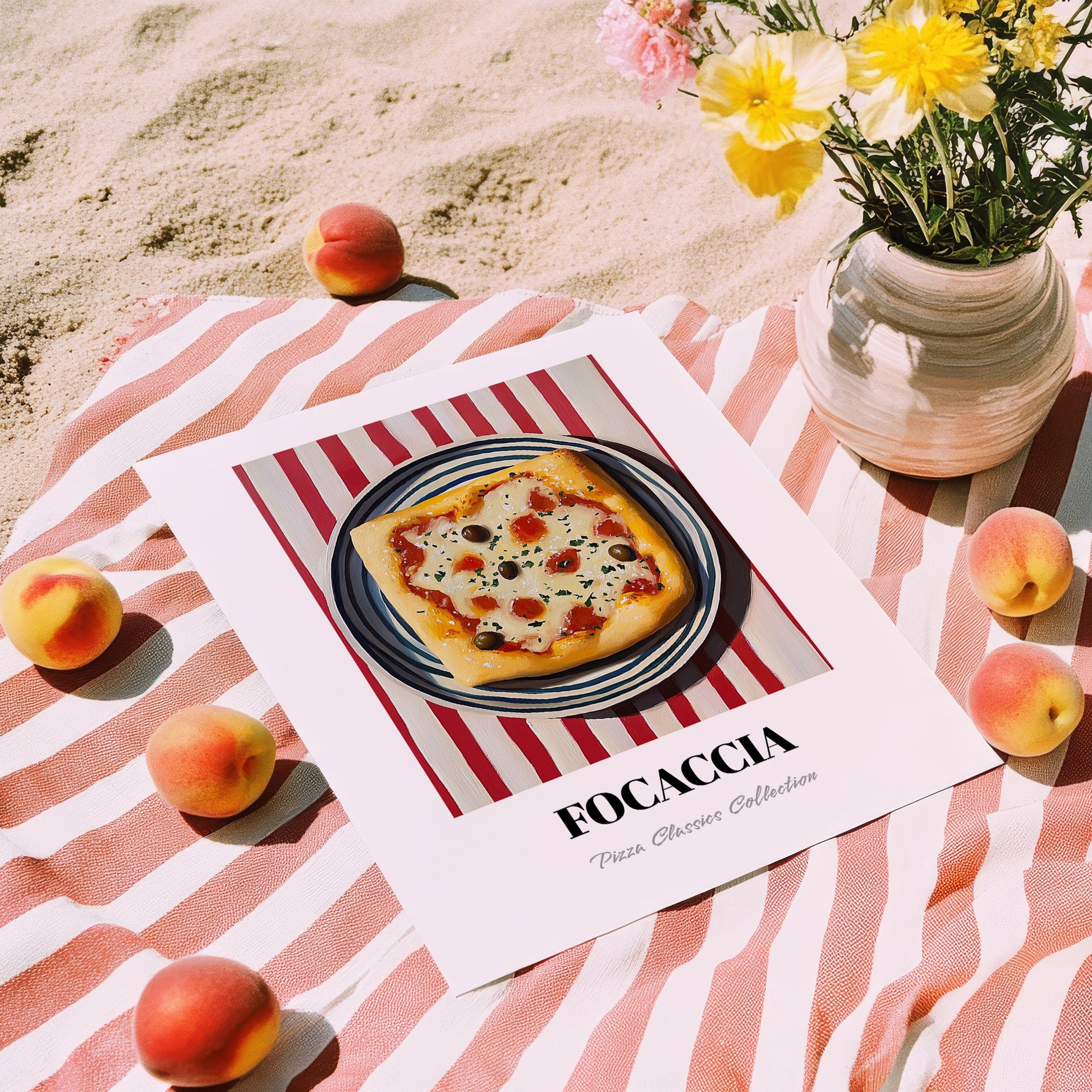 Focaccia – on Striped Tablecloth, Pizza Painting, unframed on coastal sand