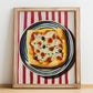 Focaccia – on Striped Tablecloth, Pizza Painting, no-text version framed in wood