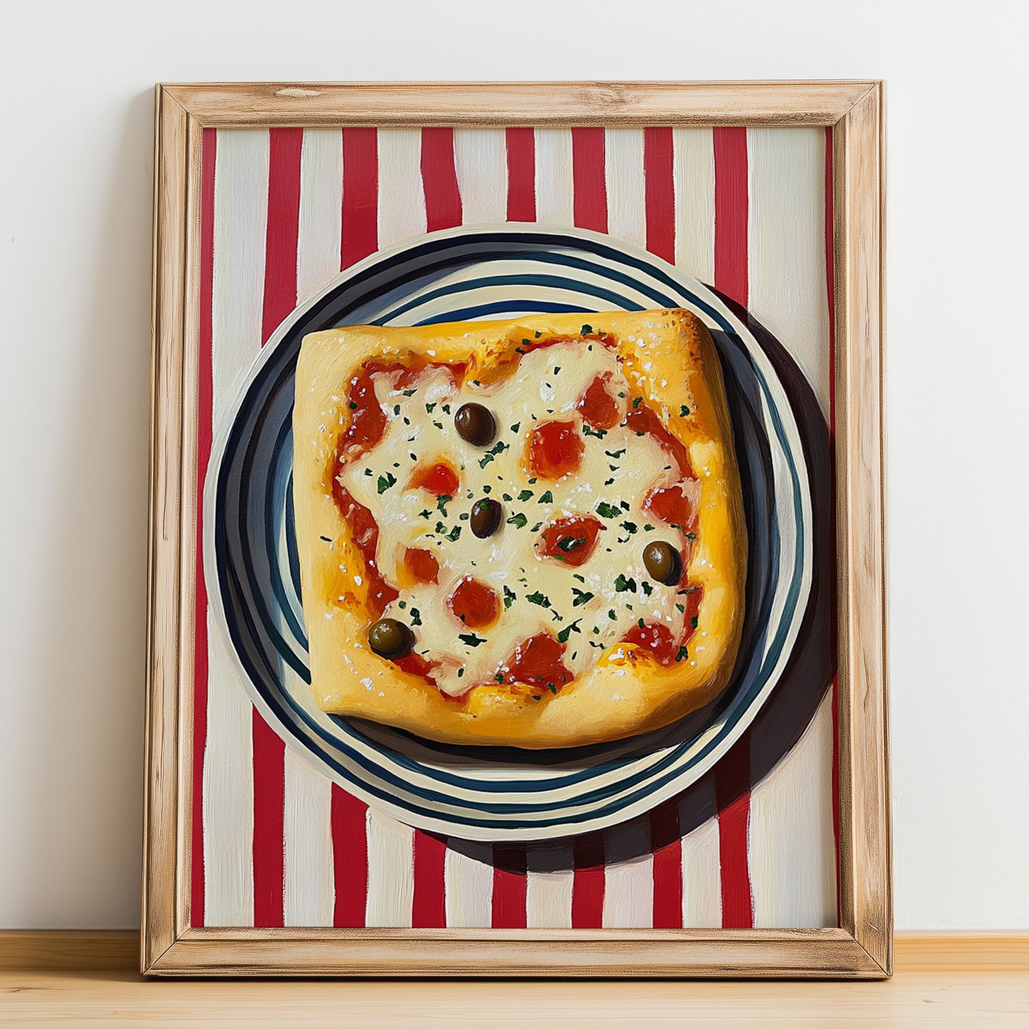 Focaccia – on Striped Tablecloth, Pizza Painting, no-text version framed in wood