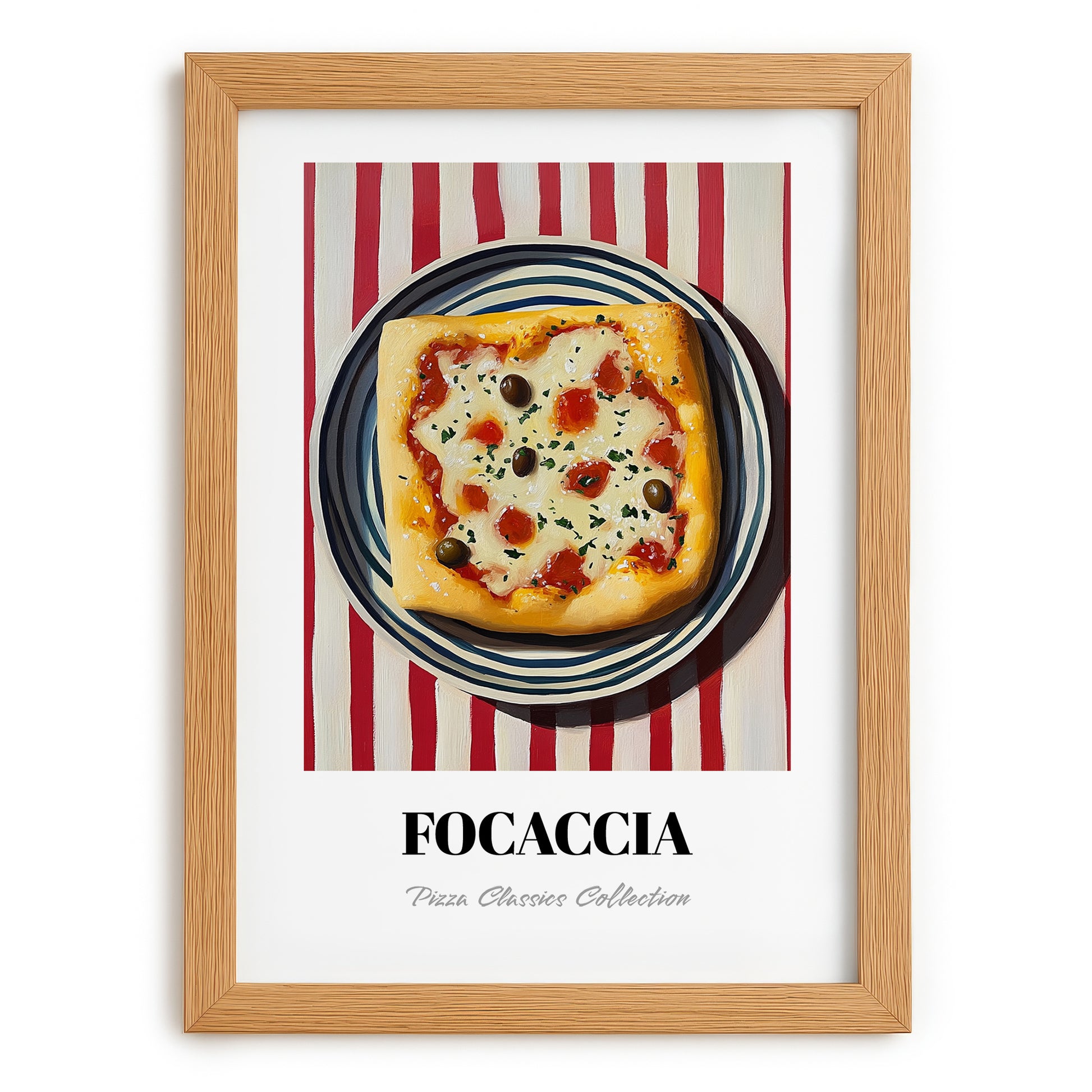 Focaccia – on Striped Tablecloth, Pizza Painting, set in oak frame