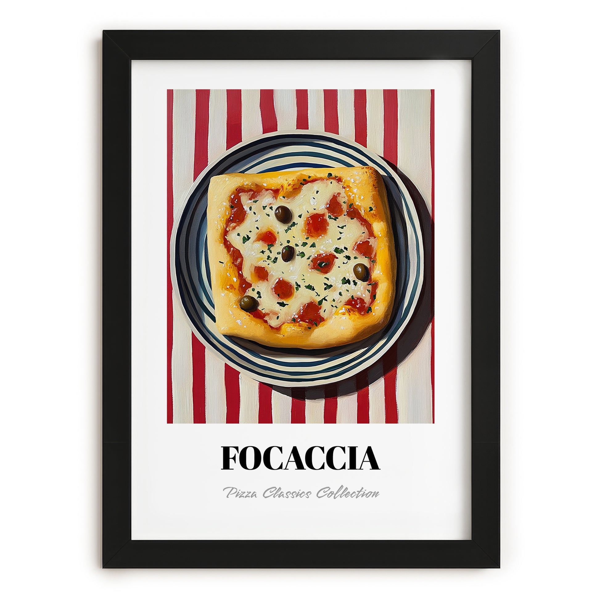 Focaccia – on Striped Tablecloth, Pizza Painting, in sleek black frame