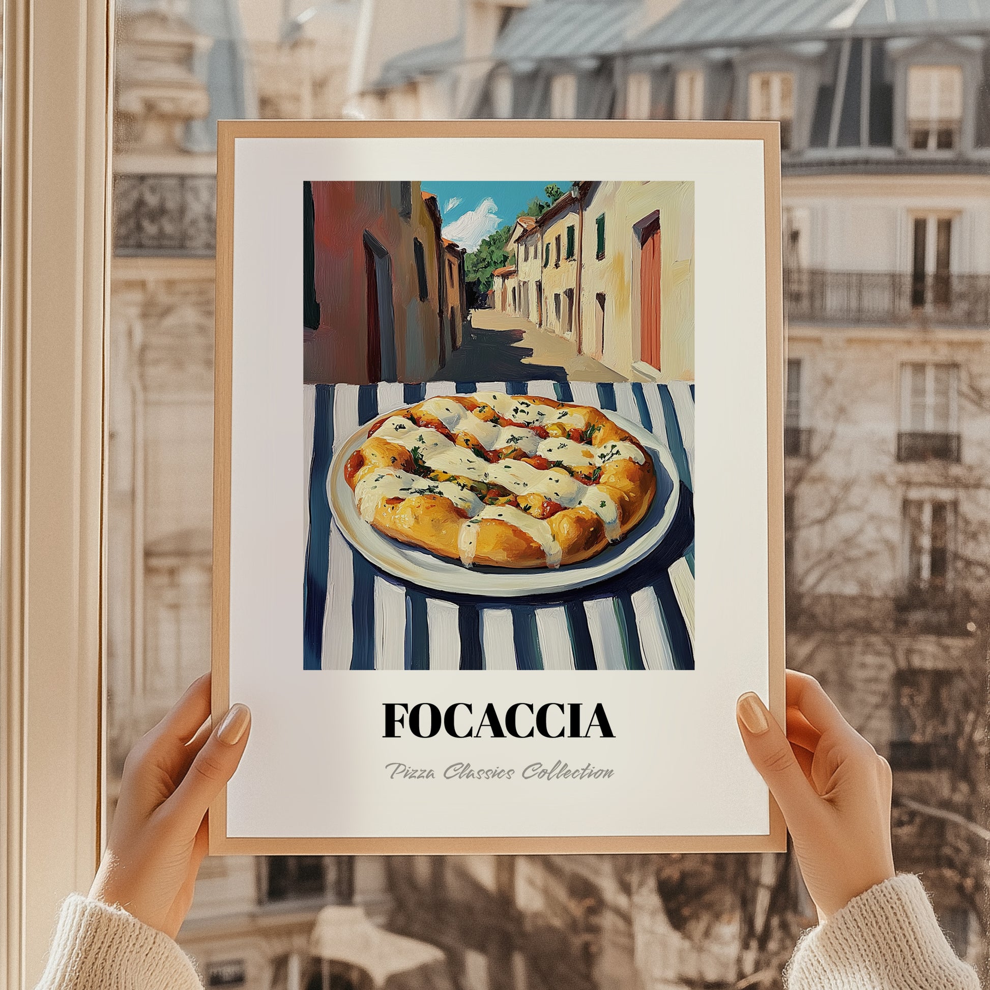 Pizza Focaccia – Italian Street Café Scene, Pizza Illustration, styled in a charming Paris street view