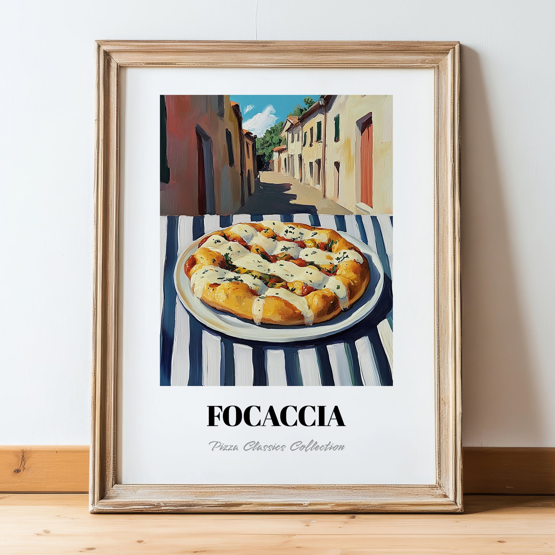 Pizza Focaccia – Italian Street Café Scene, Pizza Illustration, in wooden frame leaning on the floor