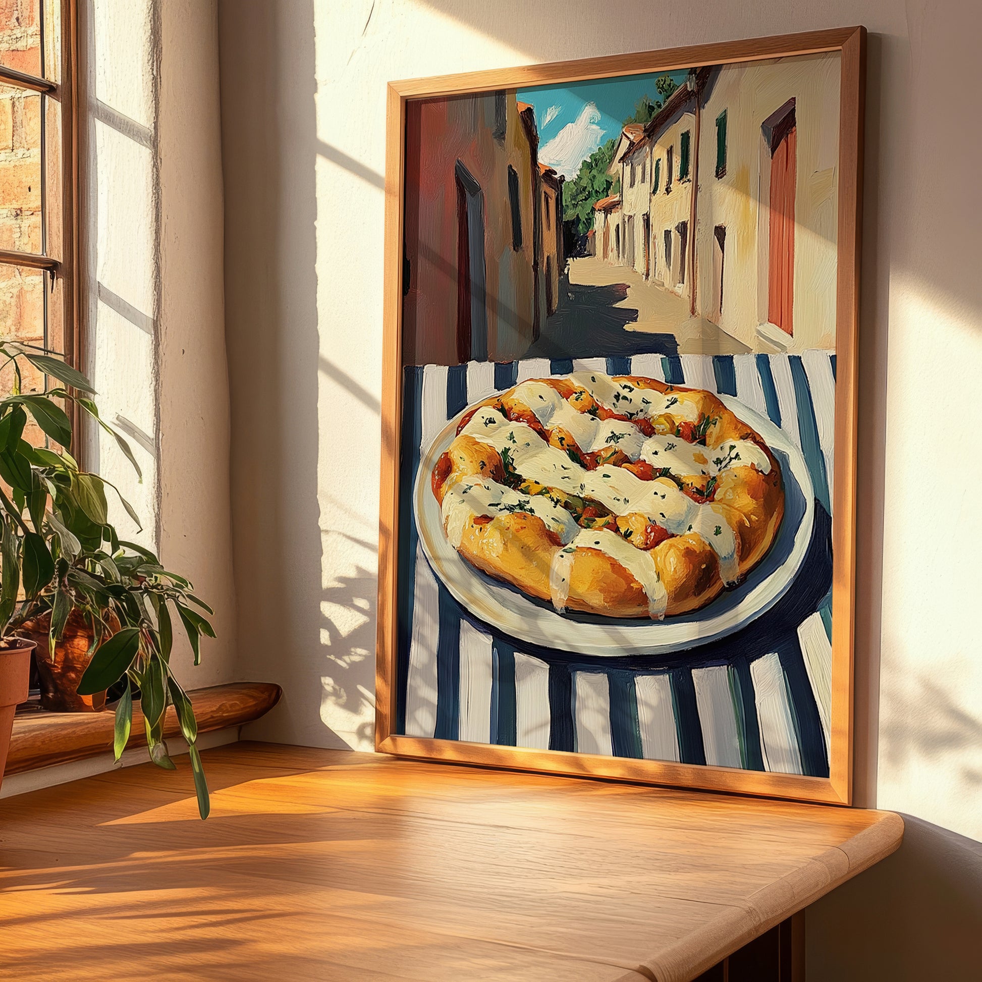 Pizza Focaccia – Italian Street Café Scene, Pizza Illustration, clean layout with no caption