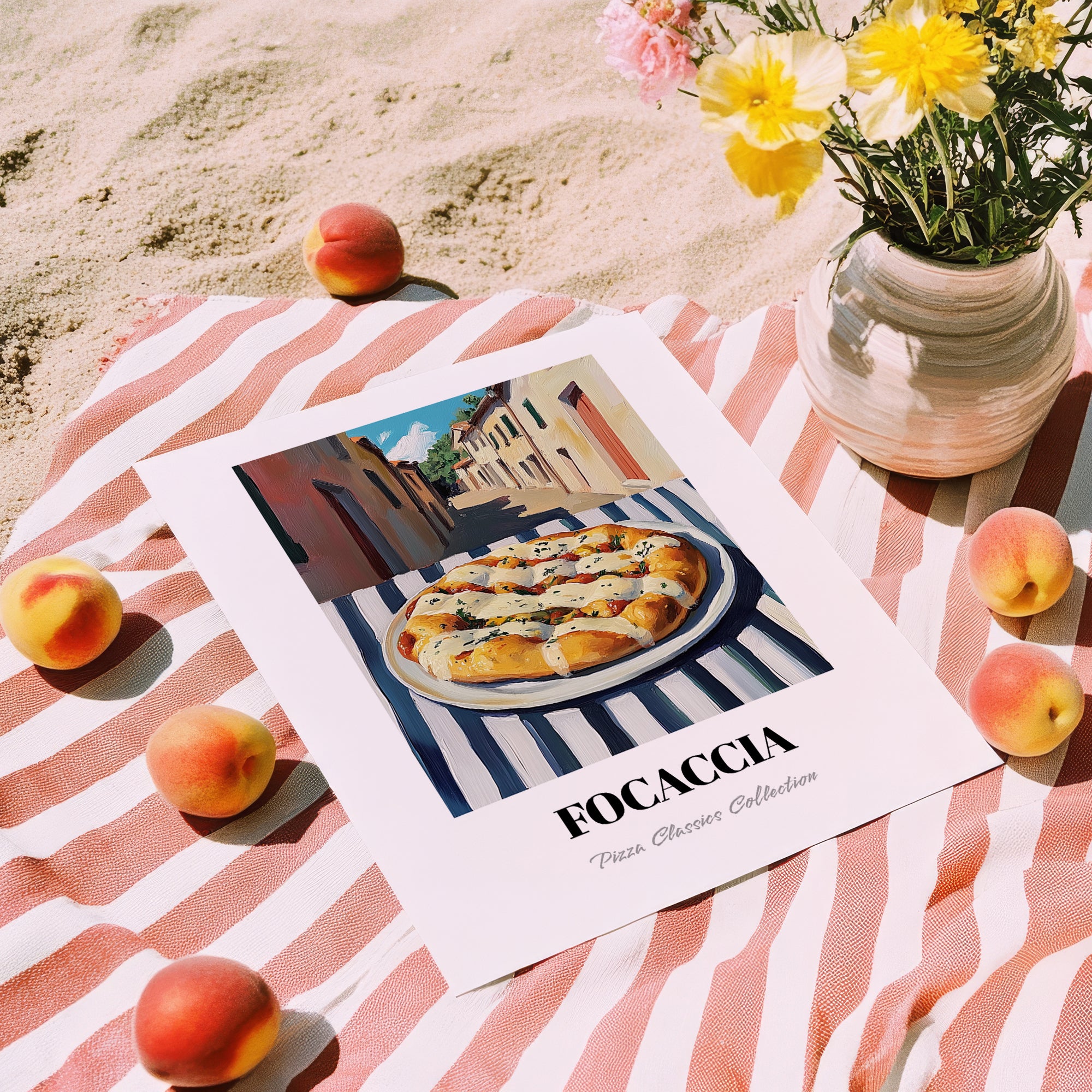 Pizza Focaccia – Italian Street Café Scene, Pizza Illustration, unframed on coastal sand