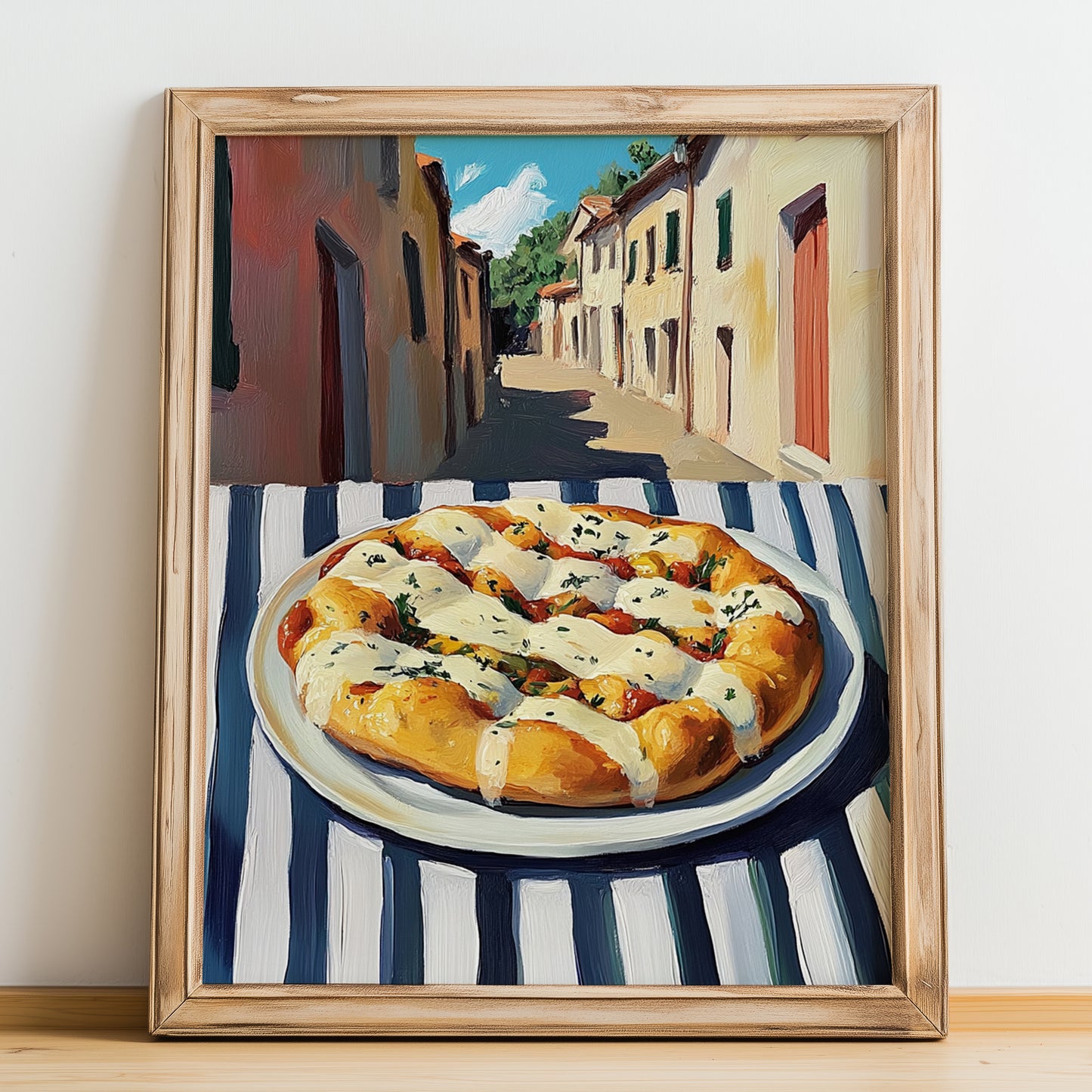 Pizza Focaccia – Italian Street Café Scene, Pizza Illustration, no-text version framed in wood