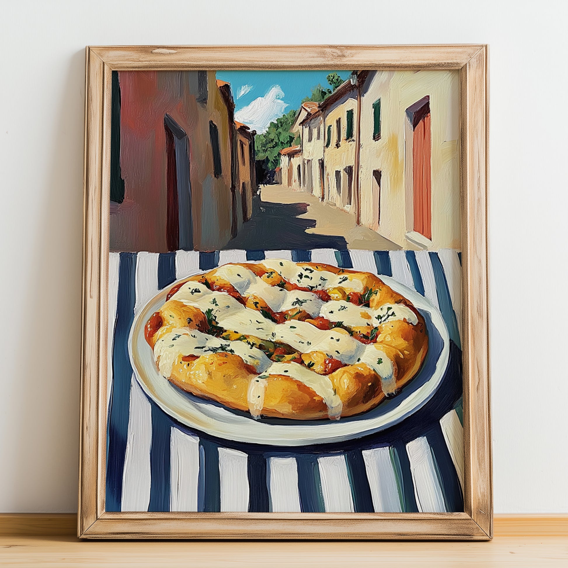 Pizza Focaccia – Italian Street Café Scene, Pizza Illustration, no-text version framed in wood