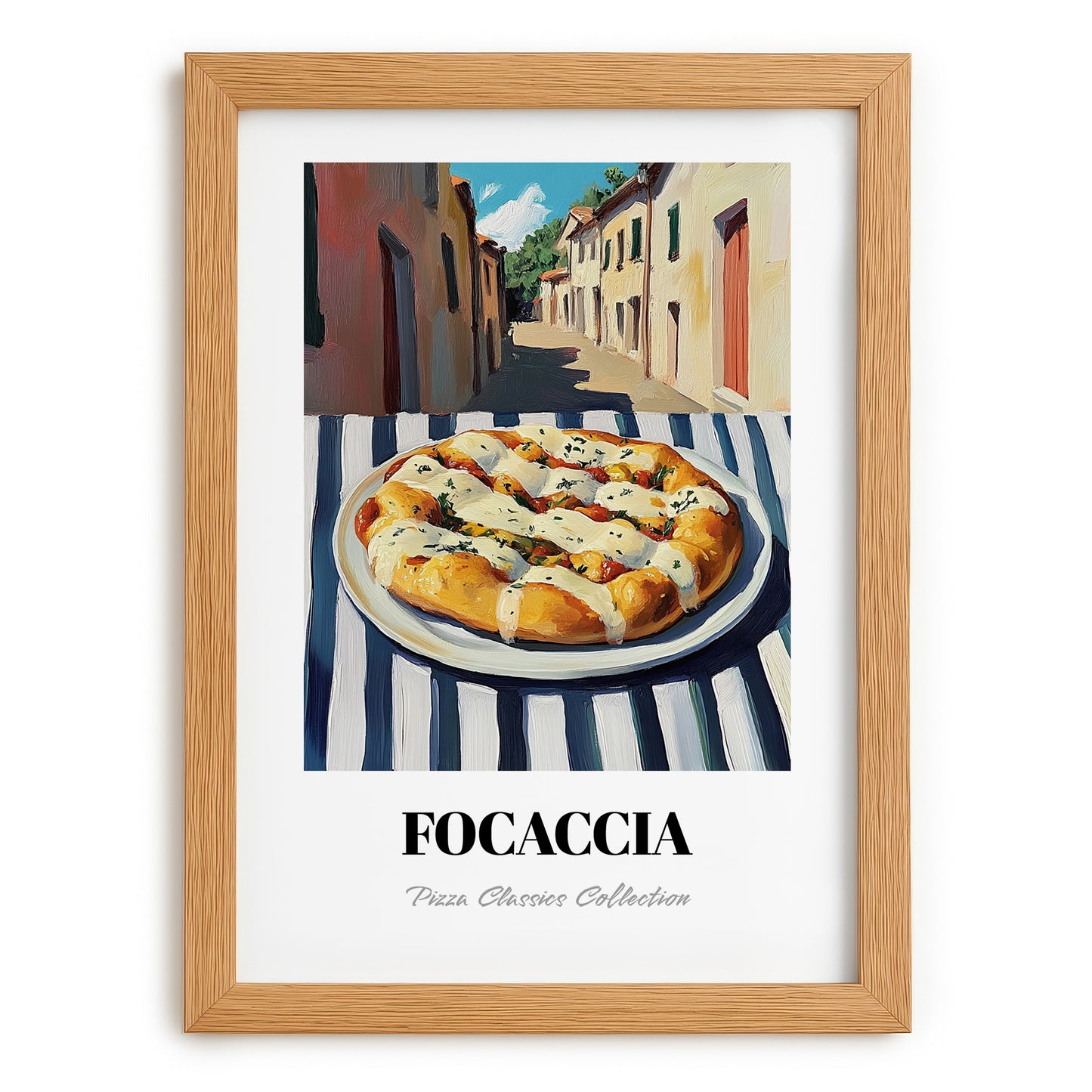 Pizza Focaccia – Italian Street Café Scene, Pizza Illustration, set in oak frame