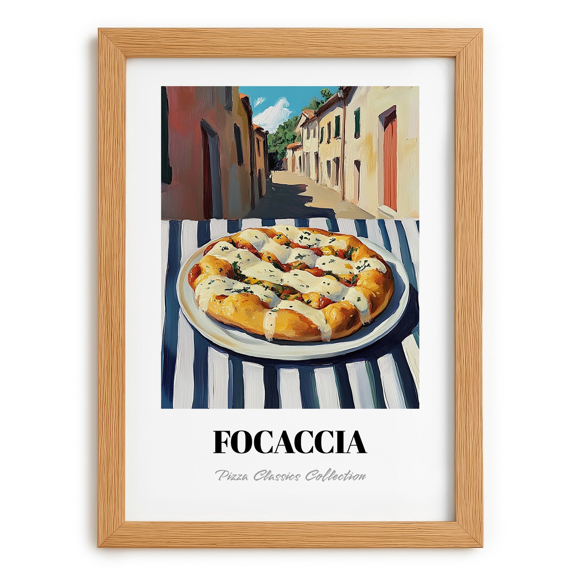 Pizza Focaccia – Italian Street Café Scene, Pizza Illustration, set in oak frame