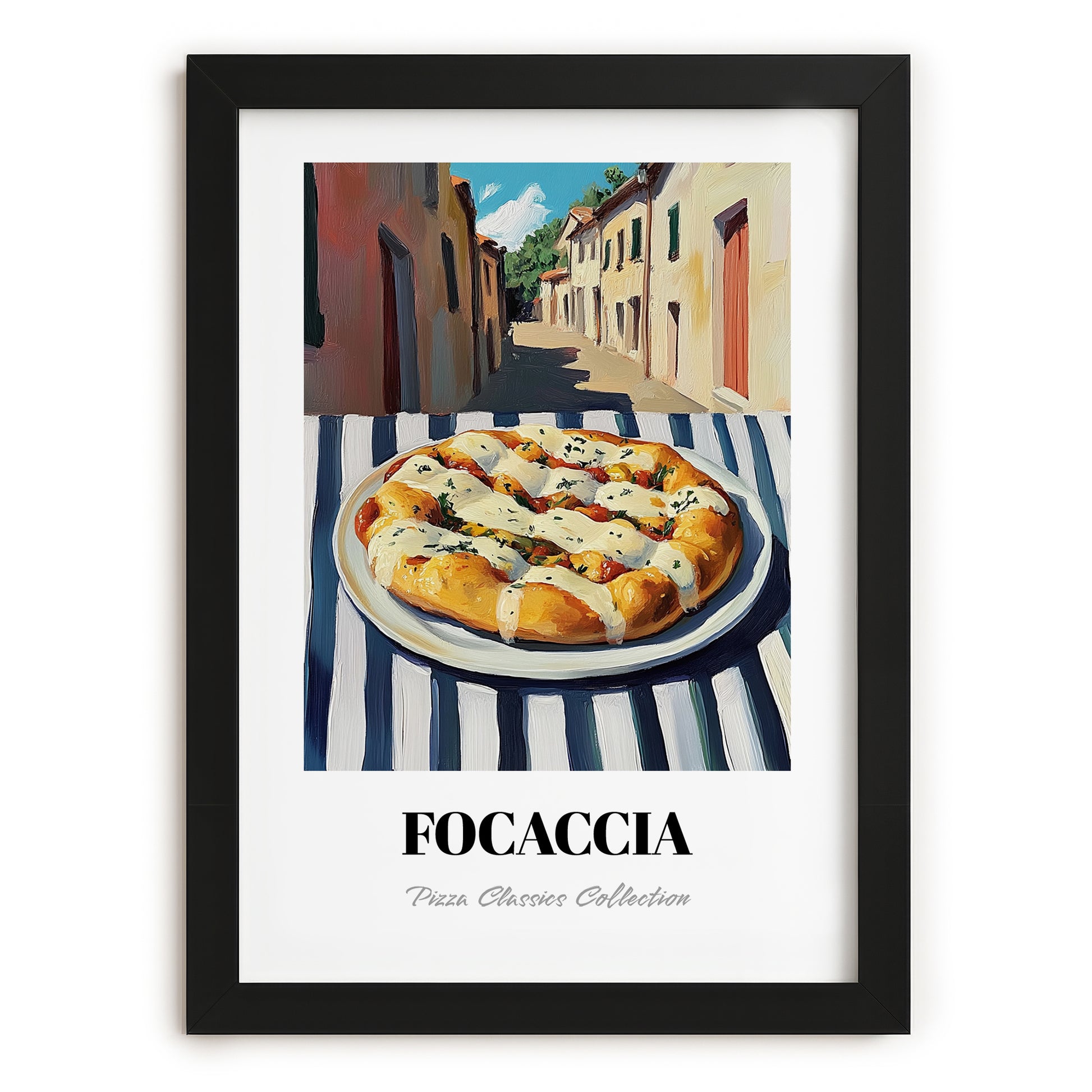 Pizza Focaccia – Italian Street Café Scene, Pizza Illustration, in sleek black frame