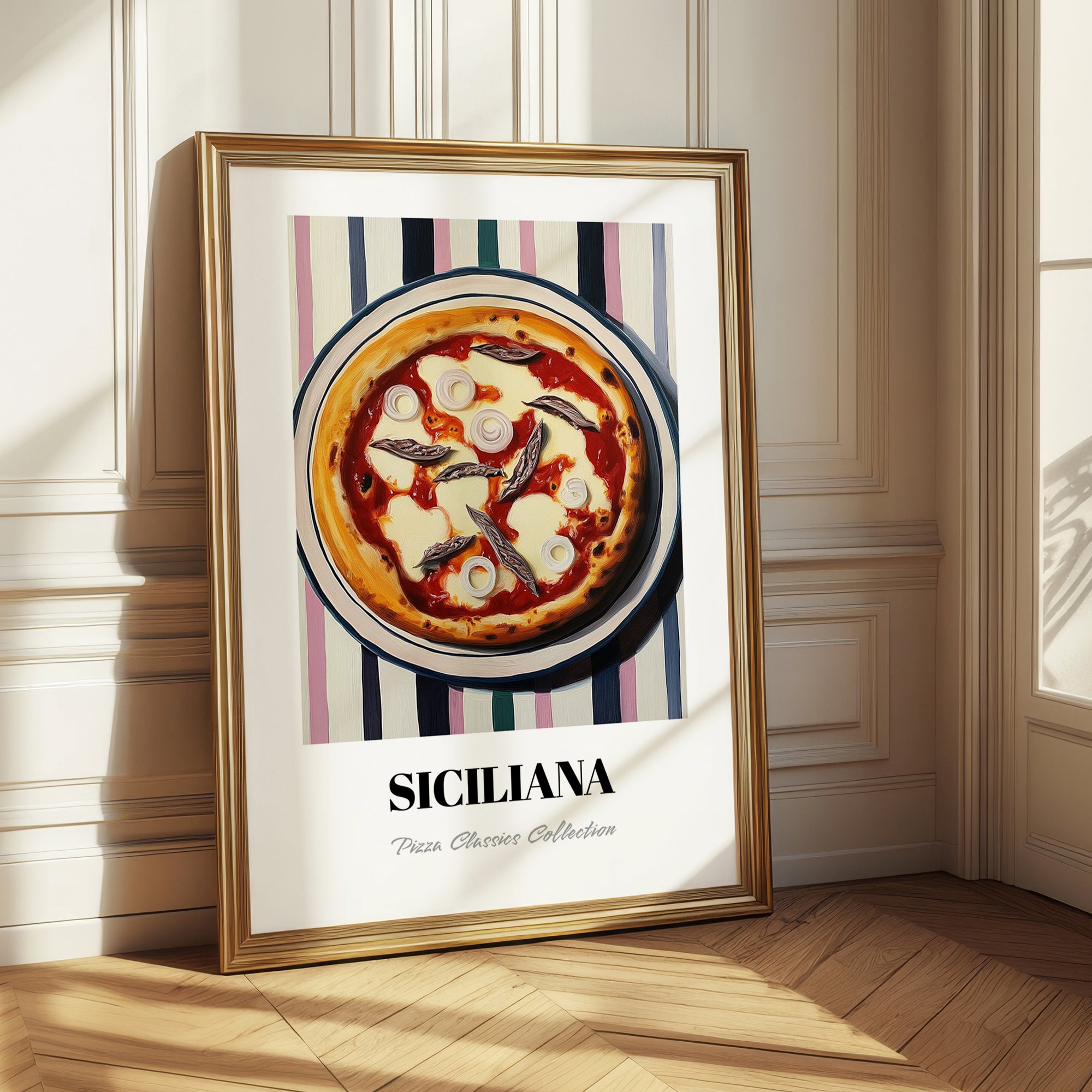 Siciliana – on Striped Tablecloth, Pizza Poster