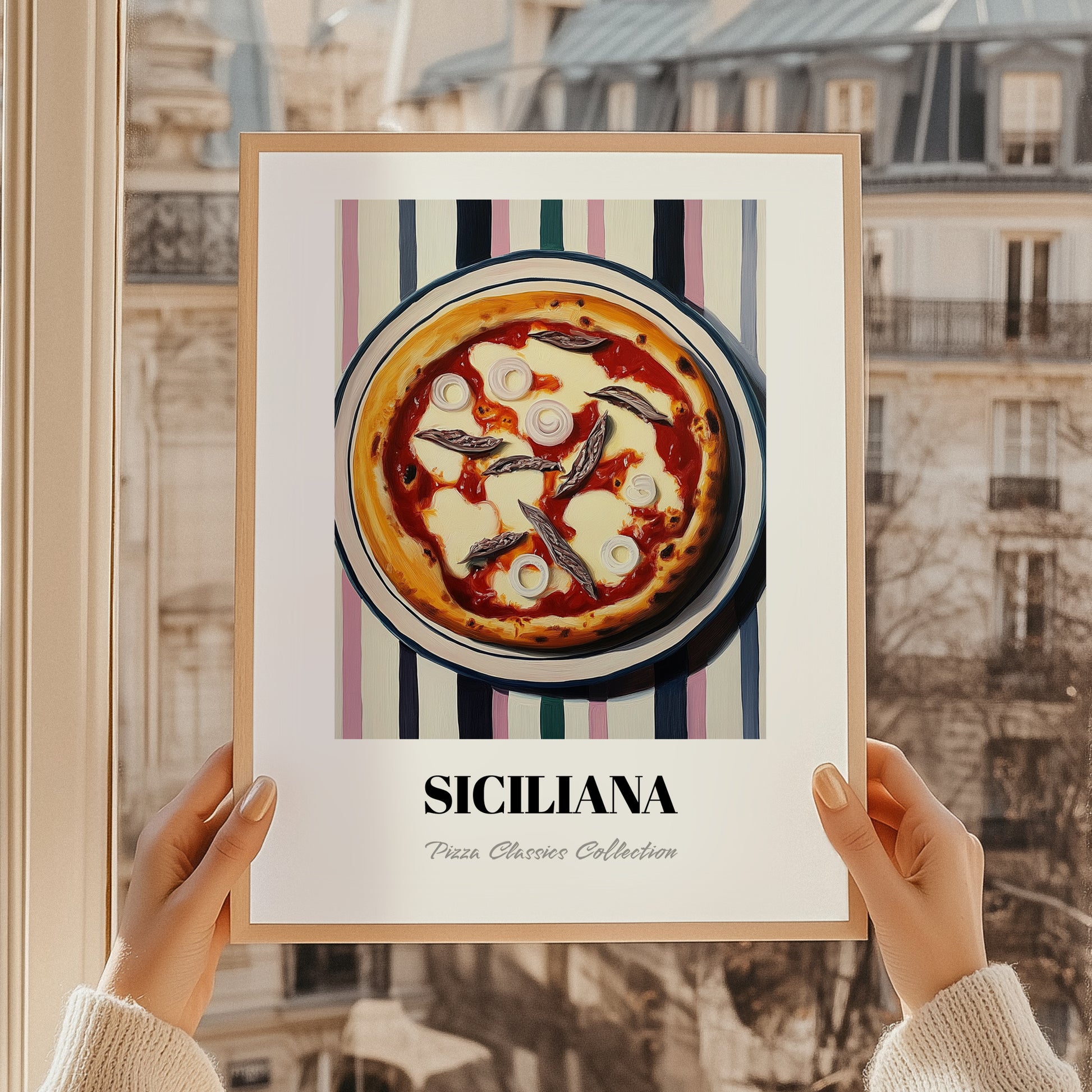 Siciliana – on Striped Tablecloth, Pizza Poster, styled in a charming Paris street view