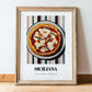 Siciliana – on Striped Tablecloth, Pizza Poster, in wooden frame leaning on the floor