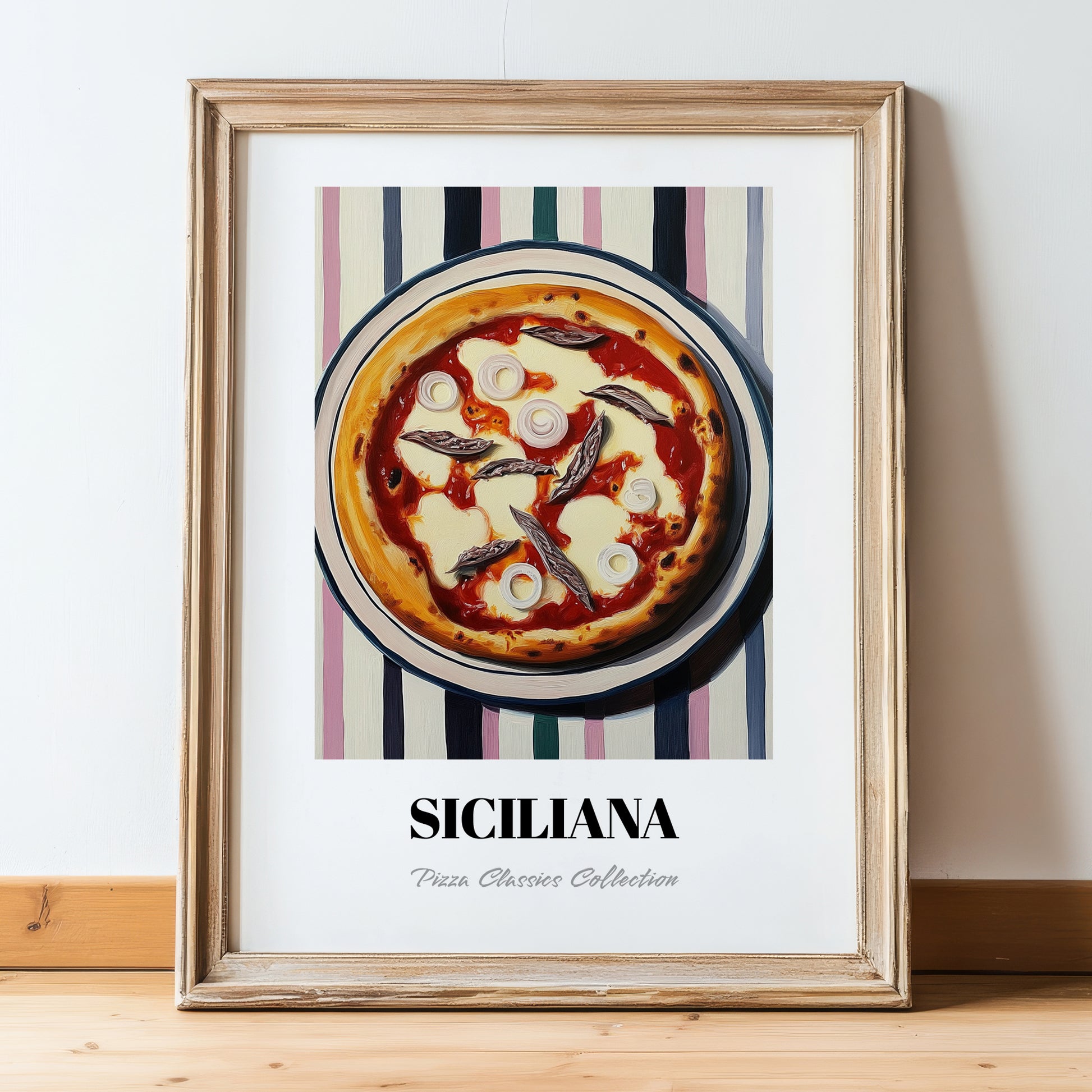 Siciliana – on Striped Tablecloth, Pizza Poster, in wooden frame leaning on the floor