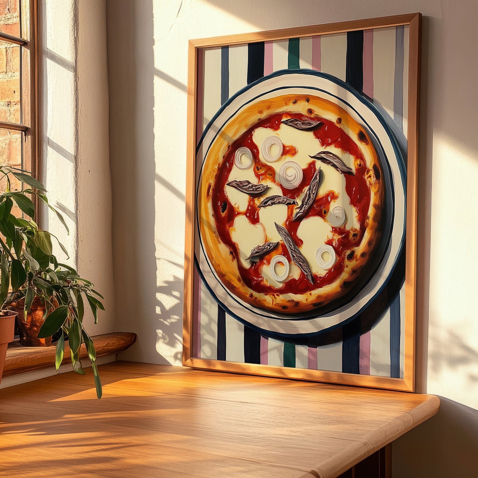 Siciliana – on Striped Tablecloth, Pizza Poster, clean layout with no caption