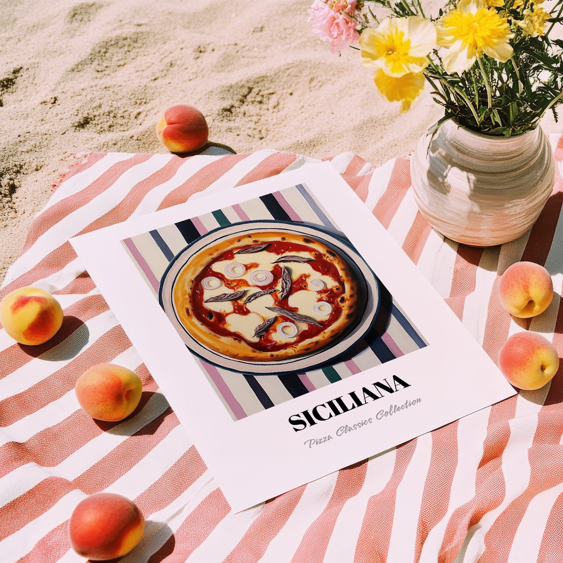 Siciliana – on Striped Tablecloth, Pizza Poster, unframed on coastal sand