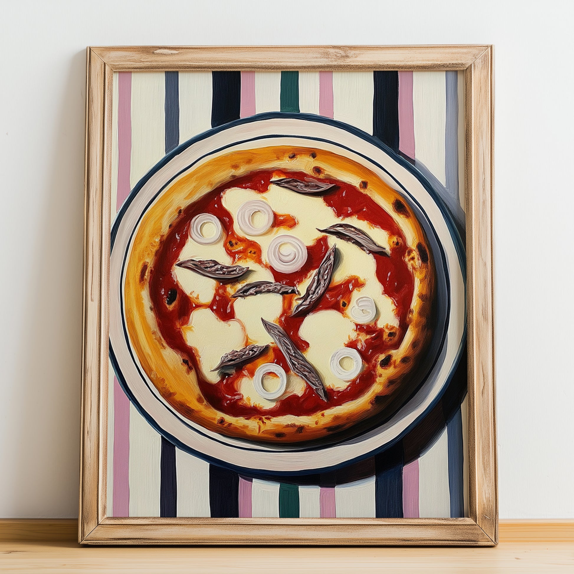 Siciliana – on Striped Tablecloth, Pizza Poster, no-text version framed in wood