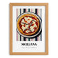 Siciliana – on Striped Tablecloth, Pizza Poster, set in oak frame